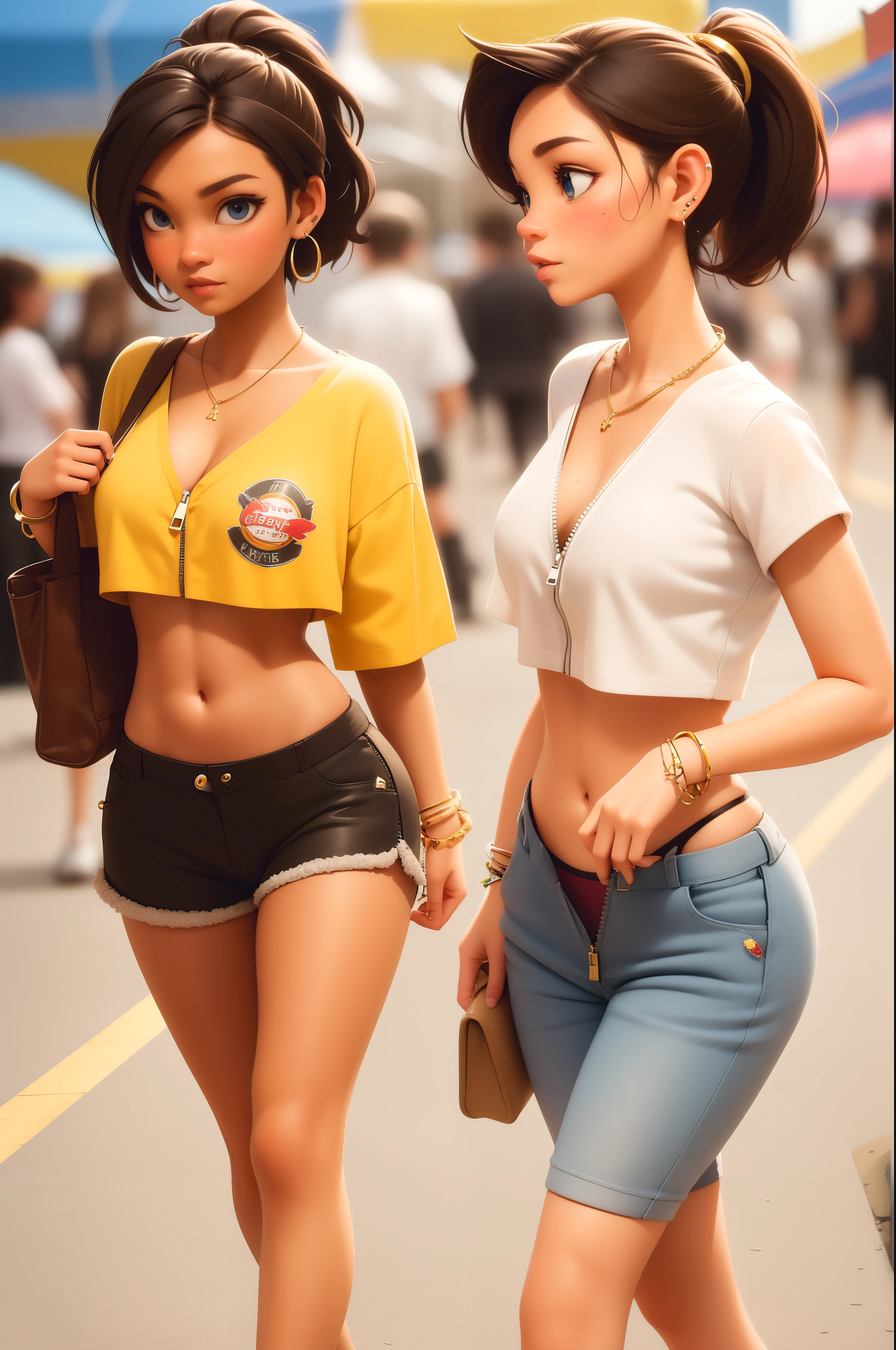 sexy female, brown hair, blue eyes, ponytail, crop top, unzipped short shorts, PANTIES, bracelet, earrings, golden necklace, walking at a carnival