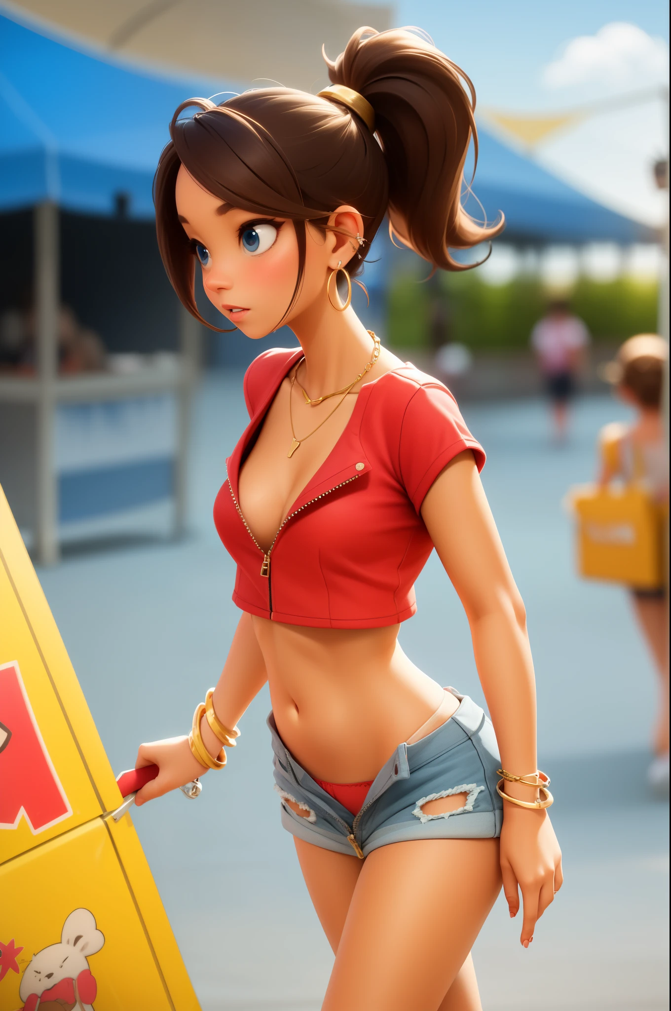 sexy female, brown hair, blue eyes, ponytail, crop top, (unzipped [red short shorts]), PANTIES, bracelet, earrings, golden necklace, walking at a carnival