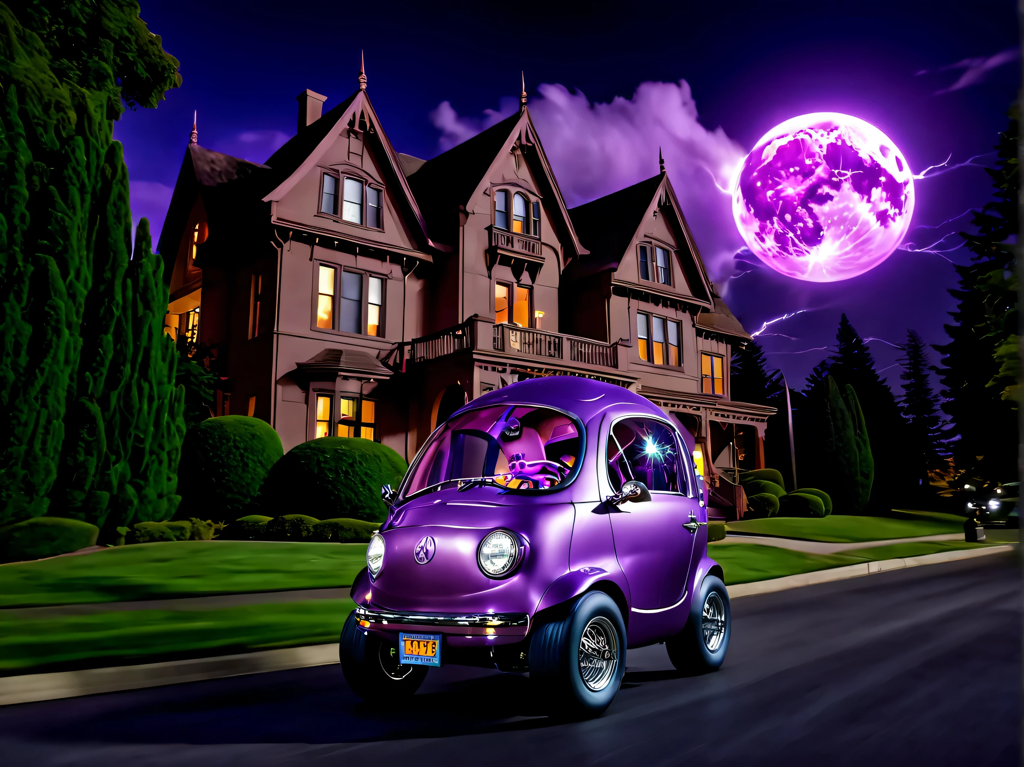 PeaCar1024, a pearly purple bubble car, in front of spooky mansion, monstertruck lightning flashes, nighttime, mystery-machine (style of scooby-doo:.8),  highly detailed, photography, ultra sharp, film, professional, high saturation, 4k 