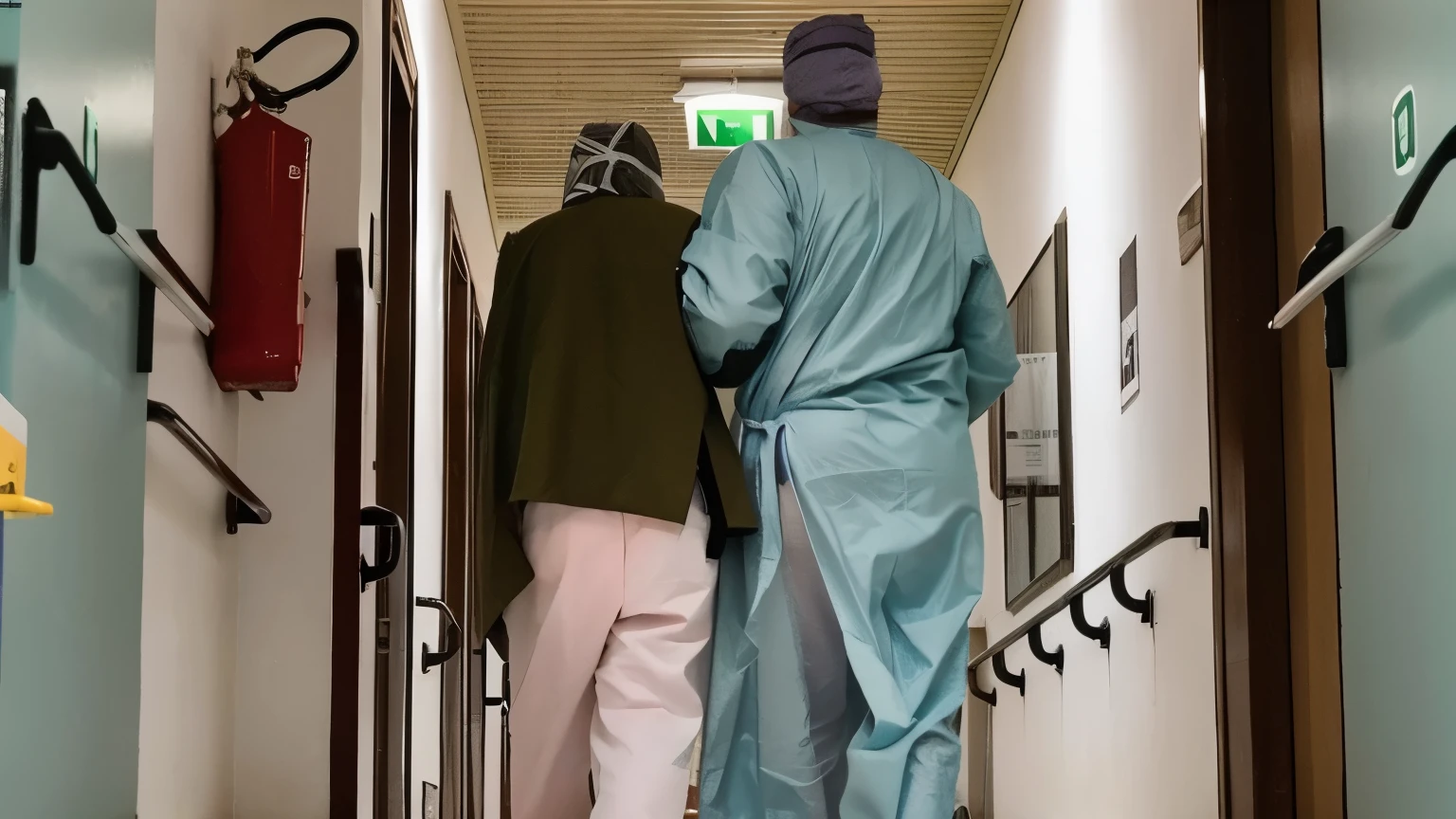 there are two people walking together down a long corridor, masked doctors, health care worker, two fragile, health care, fotografia tirada em 2 0 2 0, vestindo uma bata de hospital, por Anna Haifisch, hospital, enfermagem home, por Matija Jama, back towards camera, fragile, enfermagem, tirada em 2022, zelador, covid