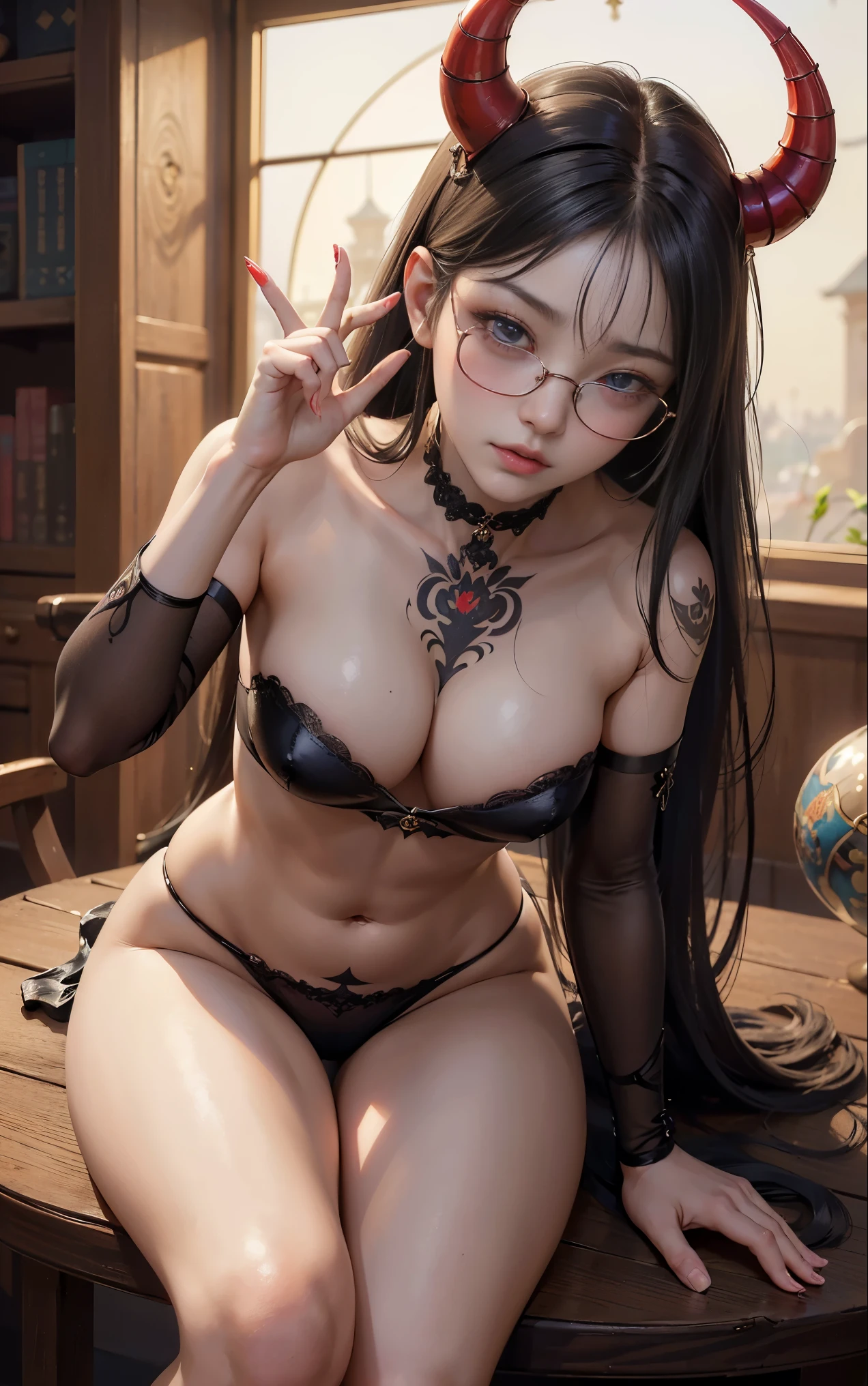 OKですかですか、(best illustrations)、8k UHD resolution、intricate details、highest quality、realistic、Super detailed、best lighting、best shadows、soft lighting、Ultra HD、超realistic、Tyndall effect、Photoreal、(high detail skin:1.2)、 (intricate details, compensate, face to face with the children_v1:0.5), (OK, beautiful and delicate face, OKですか, beautiful and delicate eyes, perfectly proportioned face, high resolution skins, fine skin, Optimal ratio of 4 fingers and 1 thumb, arm under chest, red tattoo on lower abdomen、Wow wow, wide hips, smooth abdomen, thin and thin skin, __fashion__, __hair__:1.25)、Digital single-lens reflex camera、 absurd、(table top: 1.3), (maximum resolution: 1.2), (Ultra HDTV: 1.2), cinematic light, fine eyes and skin, detailed facial features, , (sharp focus: 1.2）, (focus on the face:1.2),perfect style, beautiful face, acura, anatomically correct, Highly detailed face and skin texture, fine eyes, double eyelid, thin eyebrows, glitter eyeliner: 1 natural cheeks, Glossy skin, Fair skin: 1.2, (glossy lips: 1.4),(embarrassed look: 1.2),Highly detailed face and skin texture, fine eyes, double eyelid, natural cheeks,  glossy lips: 1.4,exposed cleavage、Bewitching。charm、 Beautiful devil woman from hell, Surreal female portraits by David Hockney and Alphonse Mucha, charm女性の肖像画、fantasy art, Chinese humanoid、chinese actress、dungeon、dragon、devil&#39;palace of、devil&#39;torture chamber、night、dark style 、in the dark、(detailed spooky background:0.8), magic、 1 girl、evil nun、dark necromancer、Succubus、devil&#39;Daughter of、Shinonome Umi、bat wings，(((devil&#39;Horn)))、 ((((giant glasses, otaku glasses, thick glasses, round glasses)))),(((big breasts)))、(devil&#39;Tail)、(red eyesは光り輝いて:1.6)、red eyesは非常に鮮明で詳細です, your eyes are made up so beautifully, ((red eyes:1.0)),intricate tattoo, demonic intricate tattoo, tattoo on thigh, body tattoo, masterpiece、最もbeautiful face、baby face、cute smile、beautiful plump red lips、筋肉のcharm体、devilのcharm体、devil style、charmブラックマジックコスチューム、The long-haired、Braid、Black hair、Ponytail distortion、, Ponytail with a bow tied at the back of the hair, beautiful expression、body up、big breasts強調、bust,  super tight chest, Breast augmentation surgery, Breasts are very big and round,tight waist、wide ass、 secret key, cowboy lens, (black phoenix dress: 1.0),  devil crown,  red sparkling gemstone necklace、Jewelry G Wise,  Please wear black mesh socks,Wear light red、nffsw, nffsw, meet beautiful girls, look at the girl&#39;body of,