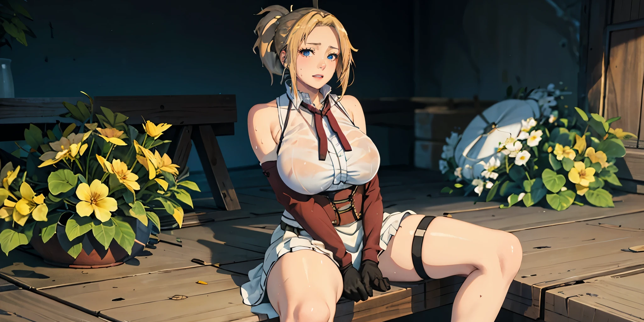 (blonde hair:1.4), blue eyes, low ponytail, (plump:1.2), 1girl, flower, breasts, gloves, large_breasts, solo, sitting, black_gloves, wet, blush, sleeveless, thigh_strap, between_legs, wet_clothes, see-through, looking_at_viewer, hand_between_legs, bare_shoulders, rain, dress, skirt, white_flower, looking at viewer