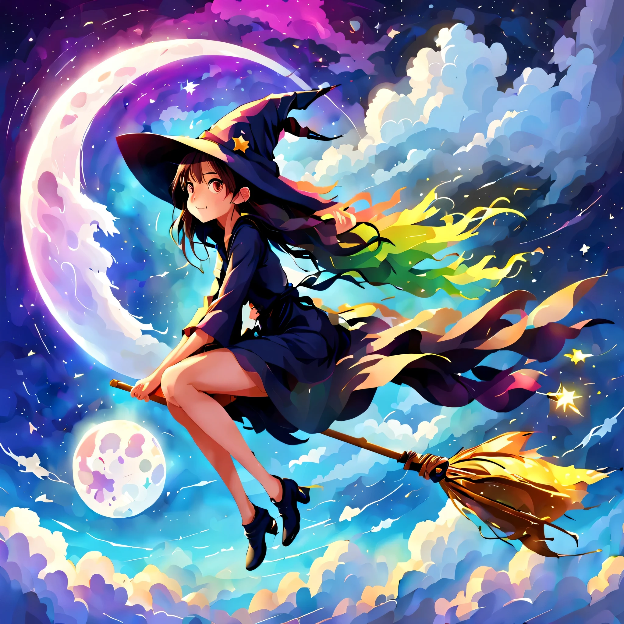 1 girl,Flying Witch,Broom ride,night sky,cloud,star,moon,shine,rich colors,Cast colorful spells,magic effect,be familiar with,beautiful,masterpiece,perfect face,cute,anatomically correct