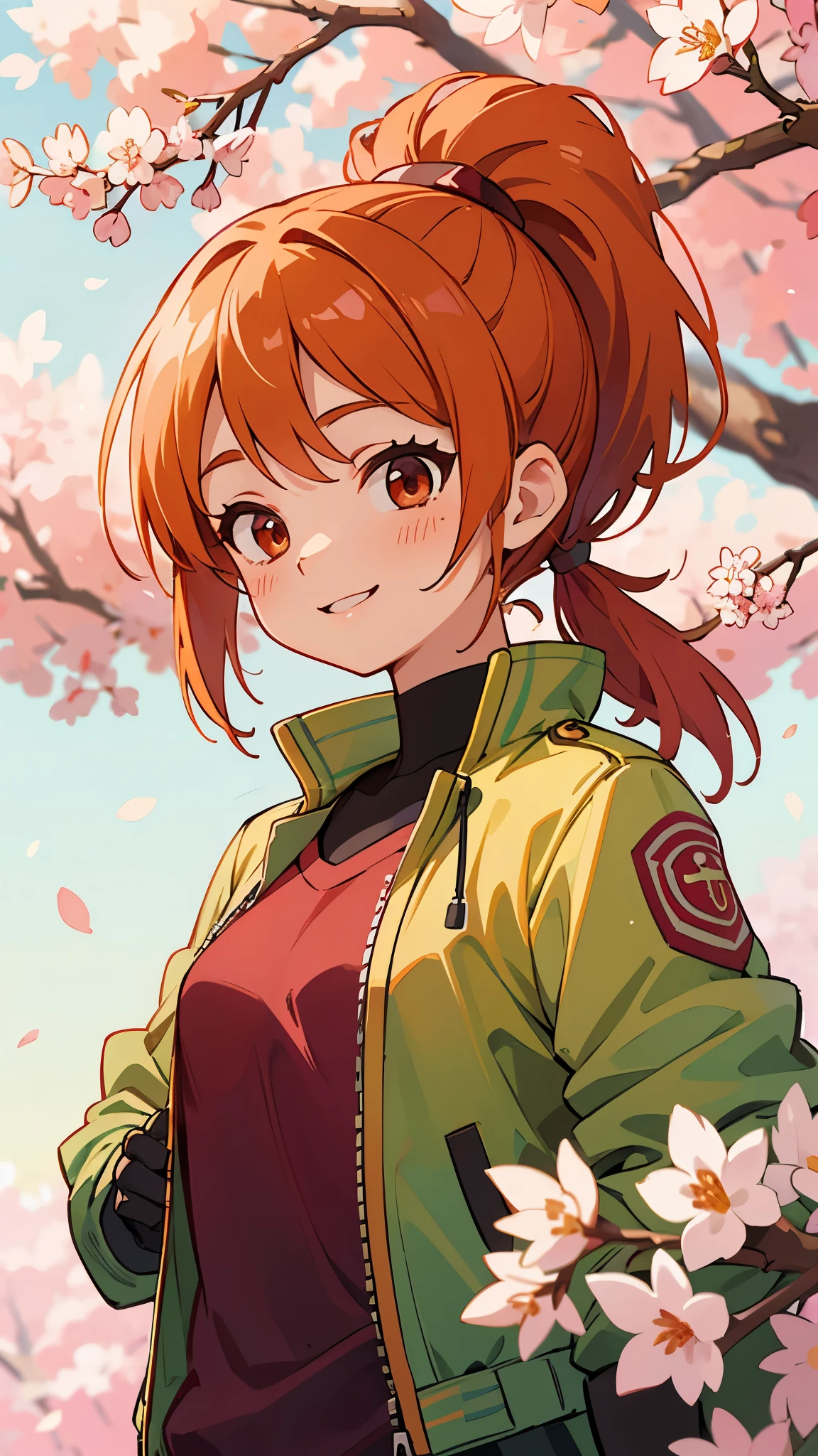(highest quality、Extra fine、real)、Genki Girl、anime high school girl、small breasts、riders jacket、orange hair、ponytail、red round eyes、From the side、gloves、bright smile、stand in front of a cherry tree、upper body close-up、cherry blossom park、sharp outline