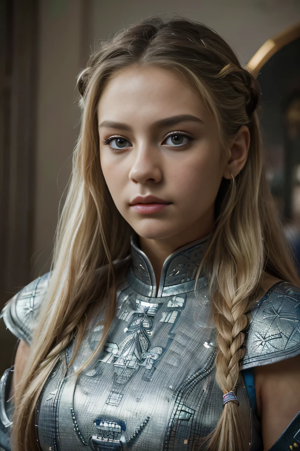 (Mejor calidad,8K,ultra detallado,Obra maestra:1.2),hermoso y estetico,Hiperrealismo,Photography,retrato,hermosa chica, adolescente, ojos grises, Cabello largo y rubio, sad expression, warrior dynasty