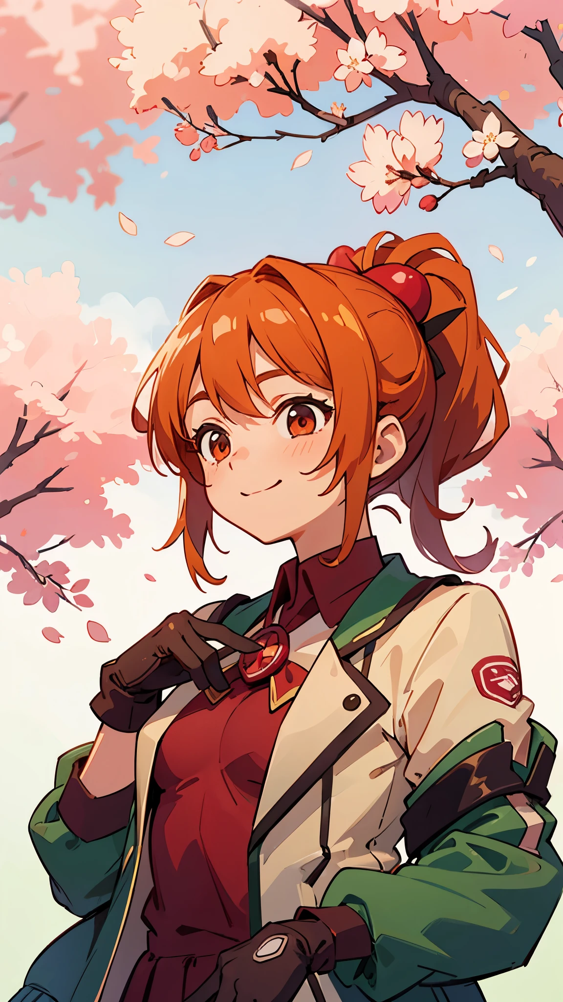 (highest quality、Extra fine、real)、Genki Girl、anime high school girl、small breasts、riders jacket、orange hair、ponytail、red round eyes、From the side、gloves、bright smile、stand in front of a cherry tree、upper body close-up、cherry blossom park、sharp outline