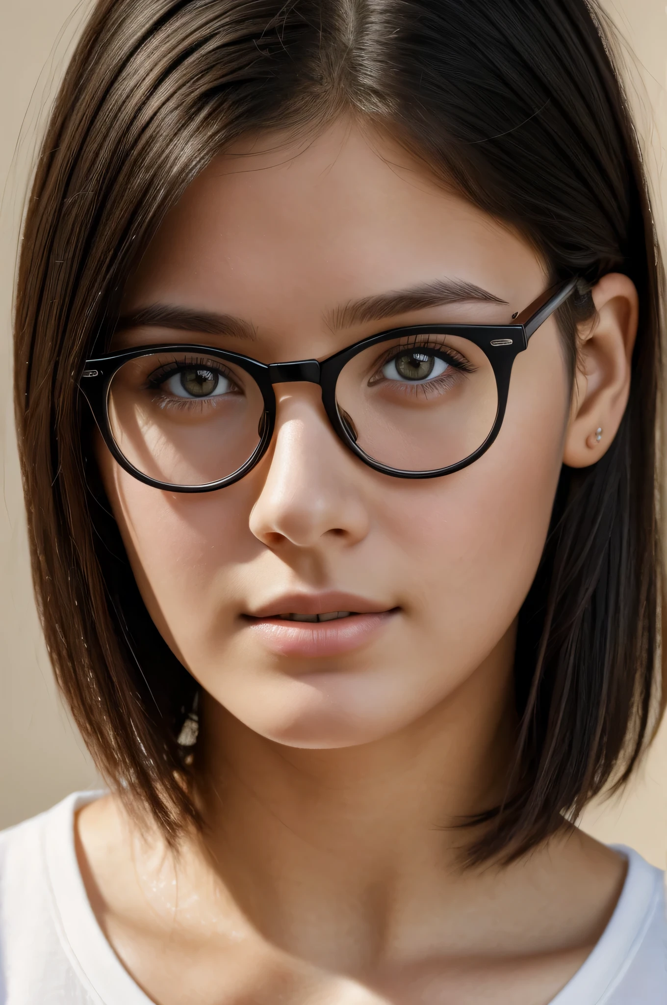 (high resolution:1.2),retrato realista,ojos marrones detallados,pelo negro corto,con gafas,mirando a la camara,19 year old girl with white skin,soft natural lighting,vivid colors,fondo neutro