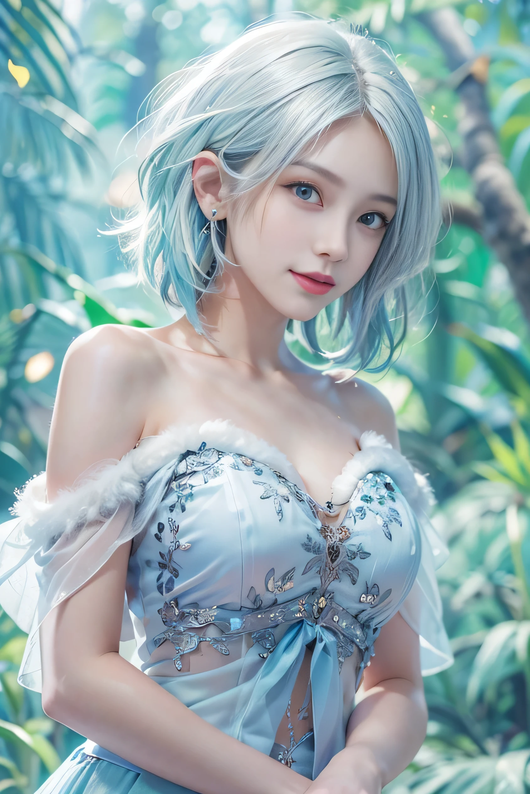 (master piece) brynhildr lancer fgo,20-year old,pure,affectionately gaze,gentle smile,laurel wreath,trapeze dress,shyly pose, pretty round face,tall,very skinny,slender,light blue hair, cross-cut bangs strongly leans to the right,detailed hair