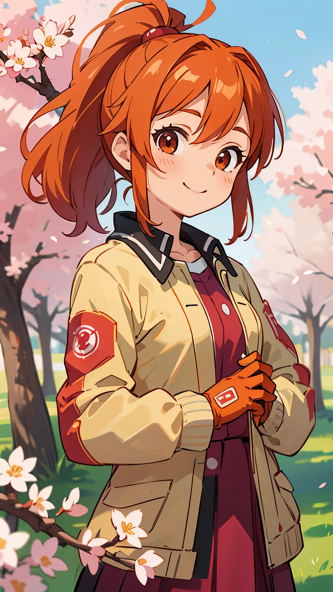 (highest quality、Extra fine、real)、Genki Girl、anime high school girl、small breasts、riders jacket、orange hair、ponytail、red round eyes、From the side、gloves、bright smile、stand in front of a cherry tree、upper body close-up、cherry blossom park、sharp outline