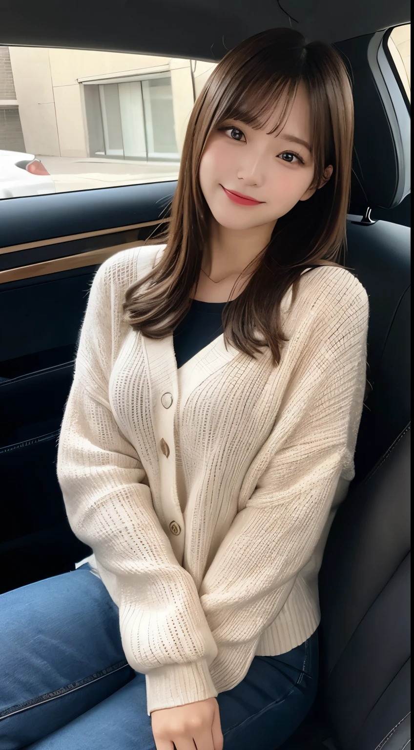 Winter clothes、long sleeve、The car is a light minivan. chest is small、A woman is seated in the rear seat, facing towards us. She is dressed in winter clothing, with her upper body down to her thighs visible、sitting in the back seat of a car, car seats are red、car is jeep、服はおしゃれなWinter clothesを着ている、highest quality, figure, super detailed, finely, High resolution, 8k wallpaper, 完璧なダイナミックな構figure, beautiful and fine eyes, dress,medium hair, middle of chest, natural color lip, random sexy poses,smile,tower apartment