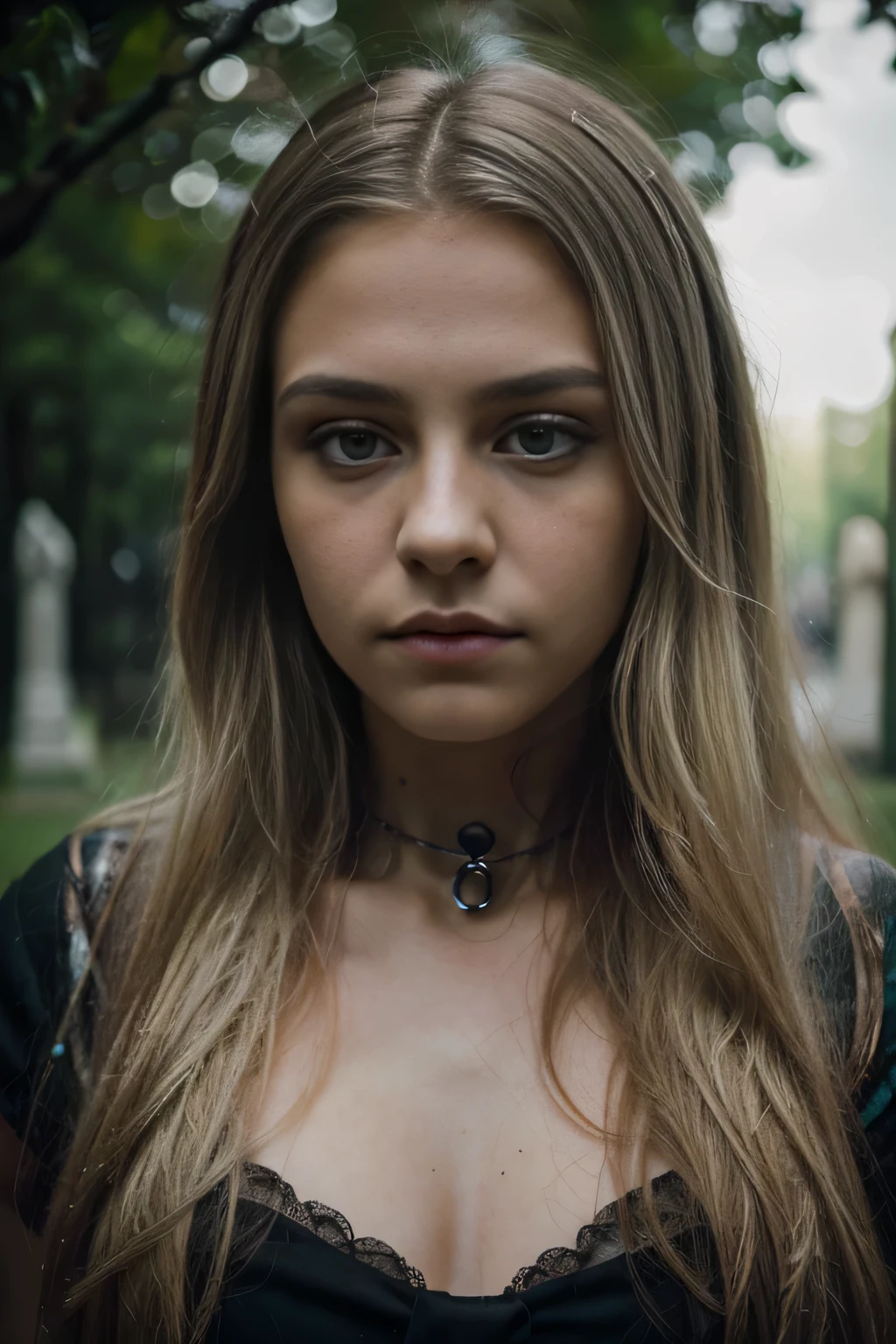(Mejor calidad,8K,ultra detallado,Obra maestra:1.2),hermoso y estetico,Hiperrealismo,Photography,retrato,hermosa chica, adolescente, ojos grises, Cabello largo y rubio, sad expression, beautiful gothic cemetery.