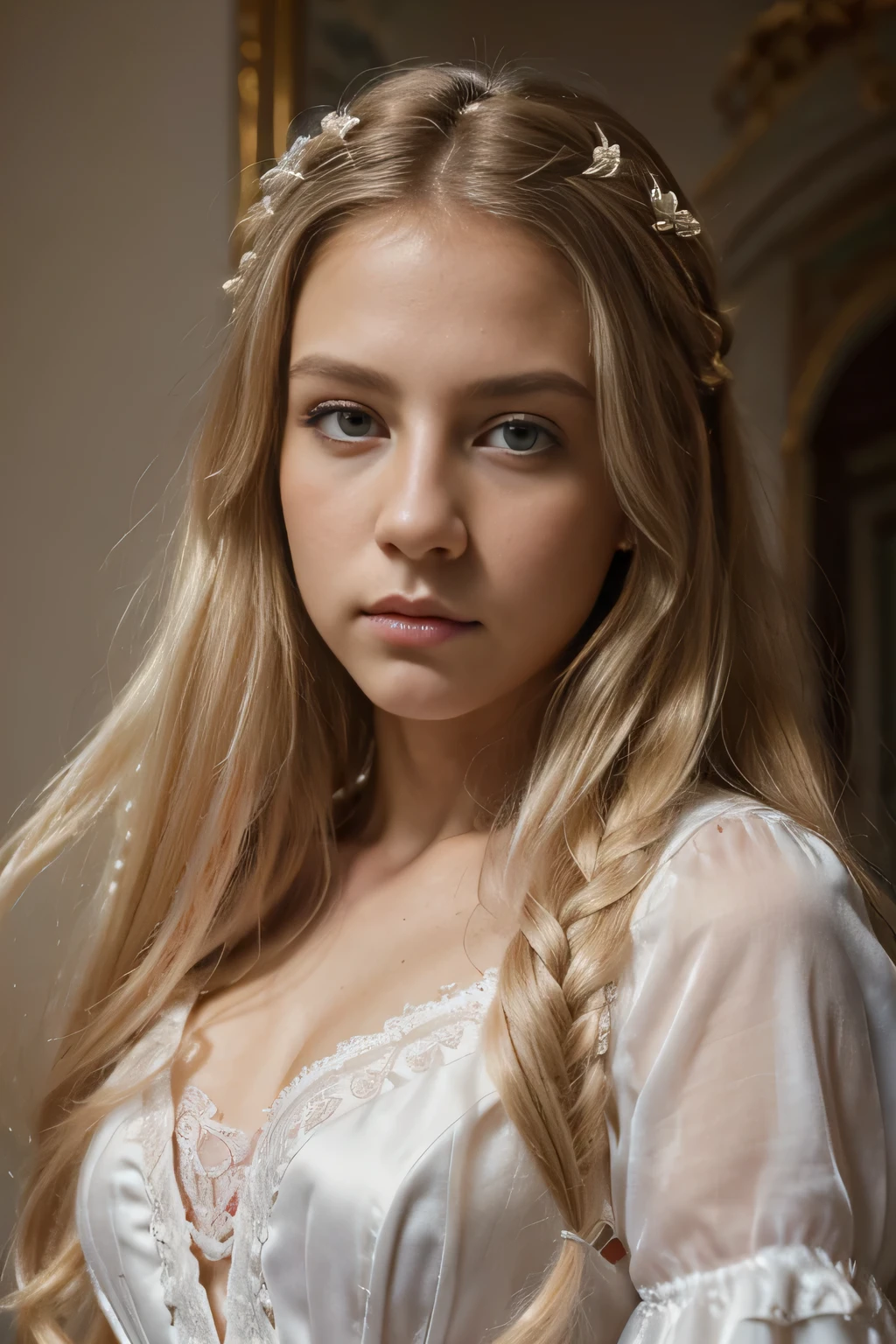 (Mejor calidad,8K,ultra detallado,Obra maestra:1.2),hermoso y estetico,Hiperrealismo,Photography,retrato,hermosa chica, adolescente, ojos grises, Cabello largo y rubio, sad expression, hermoso palacio barroco, vestido blanco, Pink laces of silk in Cabello largo y rubio.