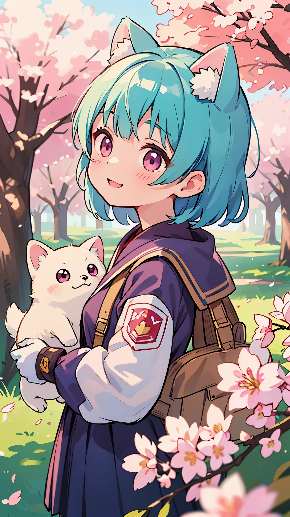 (highest quality、Extra fine、real)、Genki Girl、anime high school girl、small breasts、riders jacket、light blue hair、dog ears、pink eyes、From the side、gloves、bright smile、stand in front of a cherry tree、upper body close-up、cherry blossom park、sharp outline