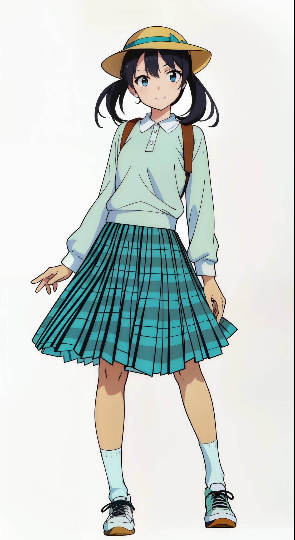 (cheerful:1.5), (light smile:1.5), (white background:1.0), (best quality:1.0), (masterpiece:1.0), (super fine illustration:1.0), (beautiful artwork:1.0), (anime screencap:1.0), (official art:1.0), (full body:1.0), (solo:1.0), (ESGA:1.0), (a 12yo cute girl:1.0), (yellow hat:1.25), (red backpack:1.0), (long skirt:1.0), (green tartan skirt:1.0), (pleated skirt:1.0), (aqua blue polo shirt:1.0), (long sleeve polo shirt:1.0), (sneakers:1.0), (white socks:1.25), (ideal ratio body proportions:1.25), (lanky:1.25), (tall:1.25), (slender:1.25), (small breasts:1.25), (smaller face:1.25), (tareme:1.0), (detailed beautiful eyes:1.0), (detailed beautiful face:1.0), (glowing black eyes:1.0), (short hair:1.0), (low twintails:1.0), (black hair:1.0), (looking at viewer:1.0)