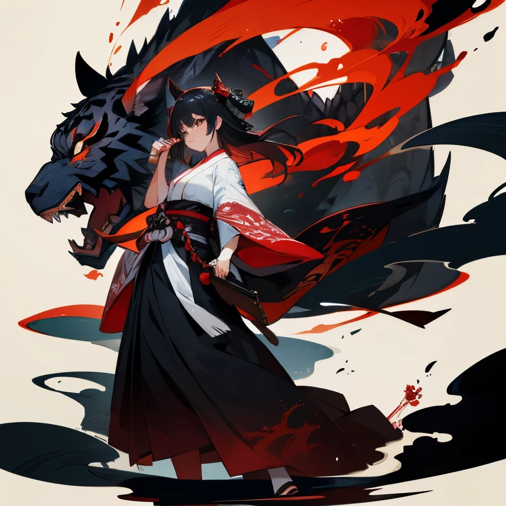 A cool Japanese-style ink painting with a beautiful girl wearing a black aura and a dragon and a tiger.