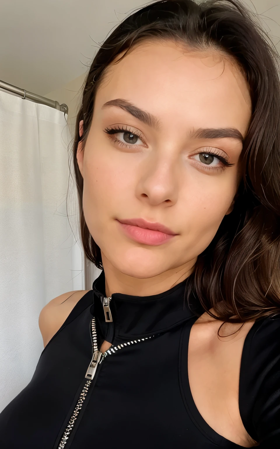 face with head straight looking directly at the camera selfie of a arafed greek woman with a black zipped top, 🔥 😎 🕹️ 👀 :2, covered huge breasts, young greek woman with long Brown hair, stoya, 3 2 - year - old, twitch streamer, iphone picture, army, black bodysuit, sachucci 9 5, ready for a meeting, dark. no text, closeup headshot and