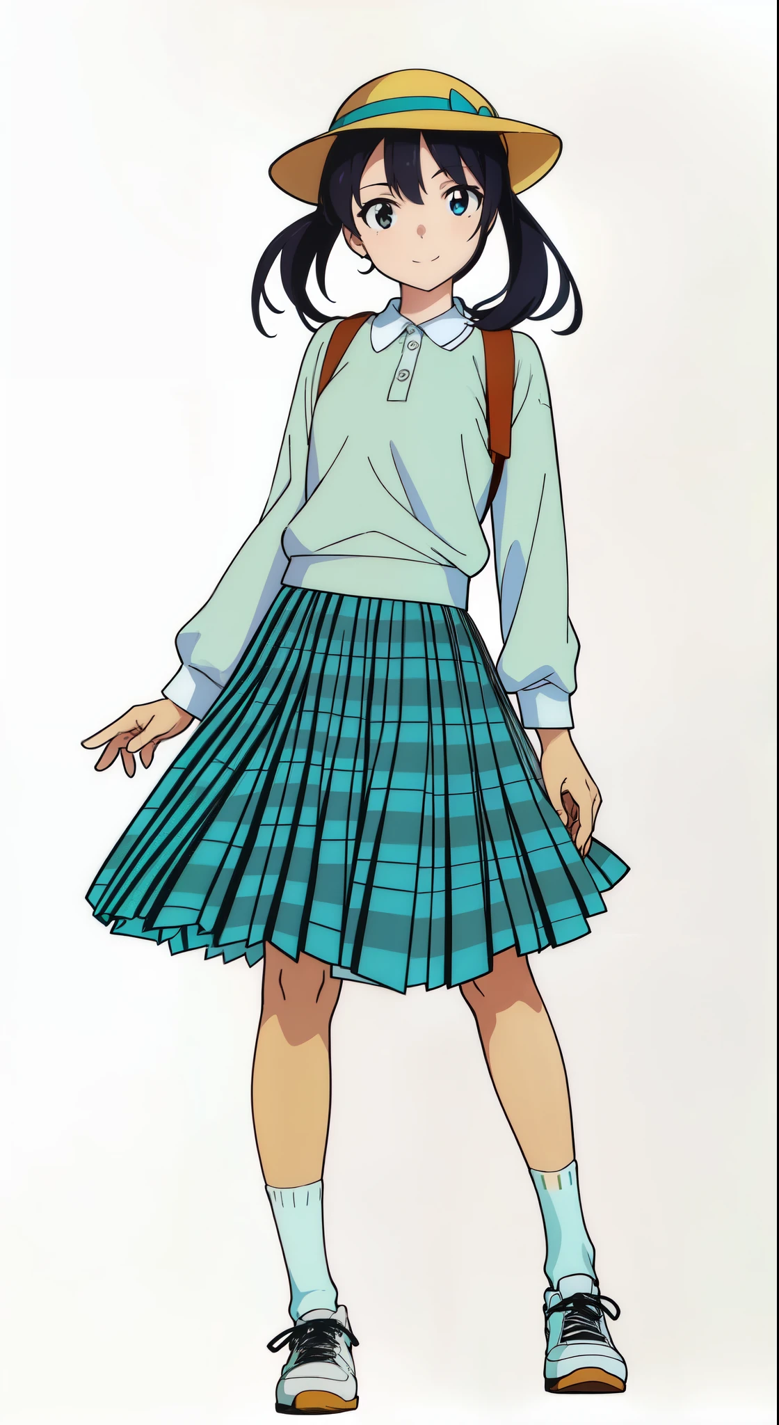 (cheerful:1.5), (light smile:1.5), (white background:1.0), (best quality:1.0), (masterpiece:1.0), (super fine illustration:1.0), (beautiful artwork:1.0), (anime screencap:1.0), (official art:1.0), (full body:1.0), (solo:1.0), (ESGA:1.0), (a cute girl:1.0), (yellow hat:1.25), (red backpack:1.0), (long skirt:1.0), (green tartan skirt:1.0), (pleated skirt:1.0), (aqua blue polo shirt:1.0), (long sleeve polo shirt:1.0), (sneakers:1.0), (white socks:1.25), (ideal ratio body proportions:1.25), (lanky:1.25), (tall:1.25), (slender:1.25), (small breasts:1.25), (smaller face:1.25), (tareme:1.0), (detailed beautiful eyes:1.0), (detailed beautiful face:1.0), (glowing black eyes:1.0), (short hair:1.0), (low twintails:1.0), (black hair:1.0), (looking at viewer:1.0)