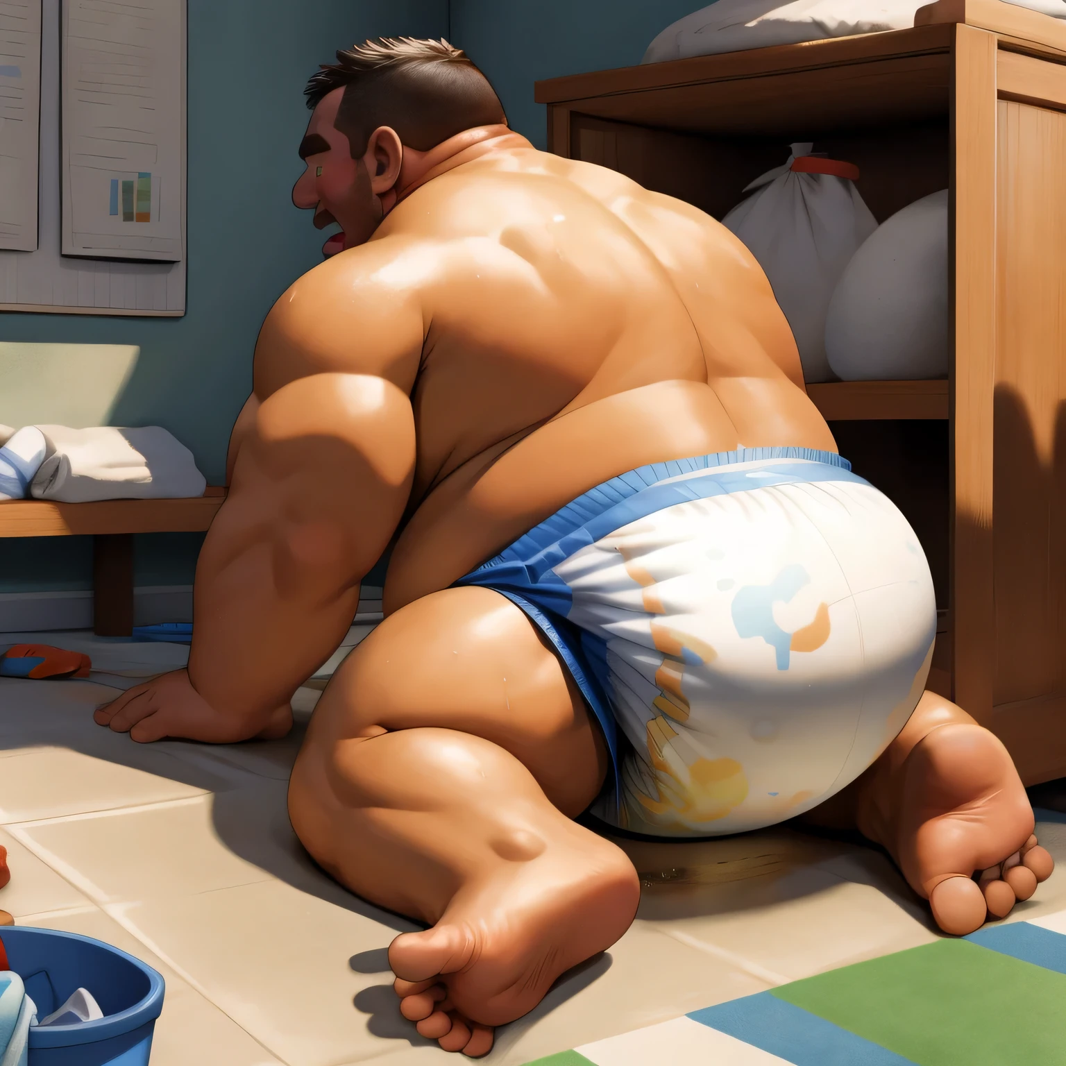 masterpiece, highest quality, At 32K, perfect fingers, very detailed, the fat man is a cruel prisoner, retarded, human, the 50s, (obesity: 0.5), fatty muscle, bowl leg, disappointment, I was incontinent, the 50s, Children check diapers, waddle, There is a small puddle under him, I was incontinent, naked, short legs, bowl leg, spread your legs, wear white cloth diapers, white diaper without pattern, pampers, nakedのお腹, naked足, naked足, nakedの靴底, 上半身naked, wide forehead and short thin hair, A man with a big face and stubble, naked足, nakedの靴底, shy, sob, Drool, round face, vapor, alone, I enter a nursery school, but the children look down on me., he was surrounded by children, his ass is wet, naked足, big ass, he is scolded by the children, white diaper, laundry drying rope, he was surrounded by children, sob, wear white cloth diapers, 上半身naked, There is a small puddle under him, I enter a nursery school, but the children look down on me., big ass, sob, He waddle to go to children, on all fours