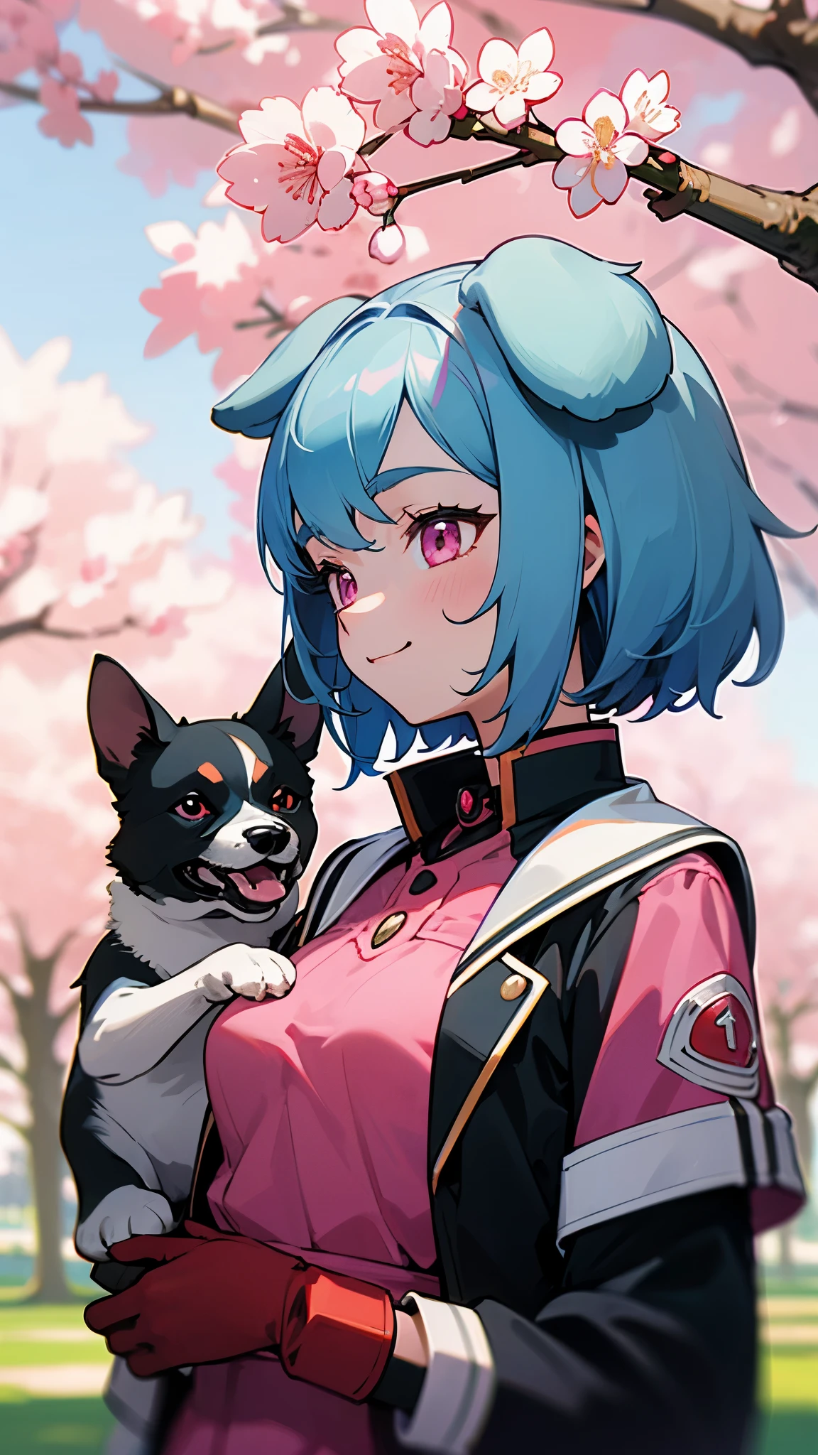 (highest quality、Extra fine、real)、Genki Girl、anime high school girl、small breasts、riders jacket、light blue hair、dog ears、pink eyes、take your eyes off、From the side、gloves、bright smile、stand in front of a cherry tree、upper body close-up、cherry blossom park、sharp outline