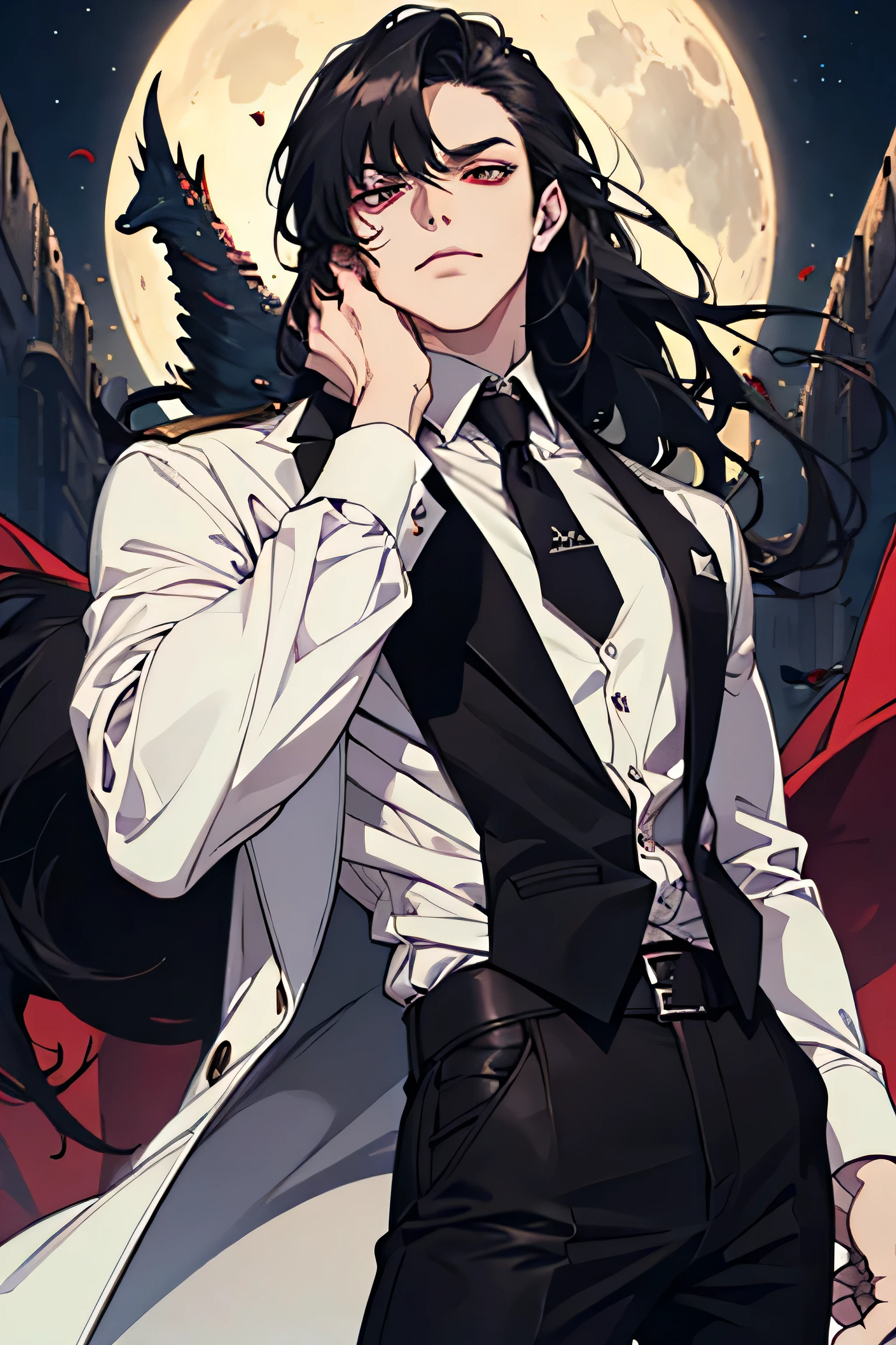(absurd, mackerel, ultra detail), 1 person, 30-year-old male, adult male, amazing, tall,, Detailed eyes and detailed face, leather pants, (((white shirt))), night, laugh, dutch angle, ((long hair, black hair)), moon, Gold details, earring, Gothic, vampire, vampire prince, dark, Simple clothes, Looking at the view, pale skin, red and delicate eyes, red eyes, (masculine), sexy, elegant, long bangs, detailed hand