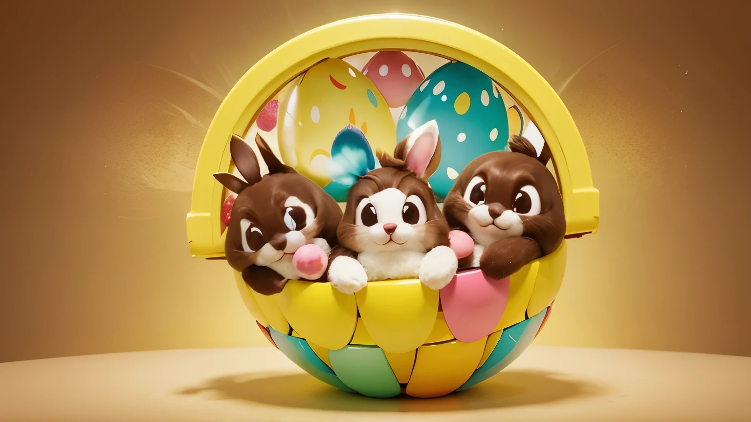 corujinha cute sorrindo. Round background in easter theme with chocolate eggs, coelhinhos fofinhos cute, Pontos brilhos e formas coloridas. imagem com cores fortes e brilhantes.