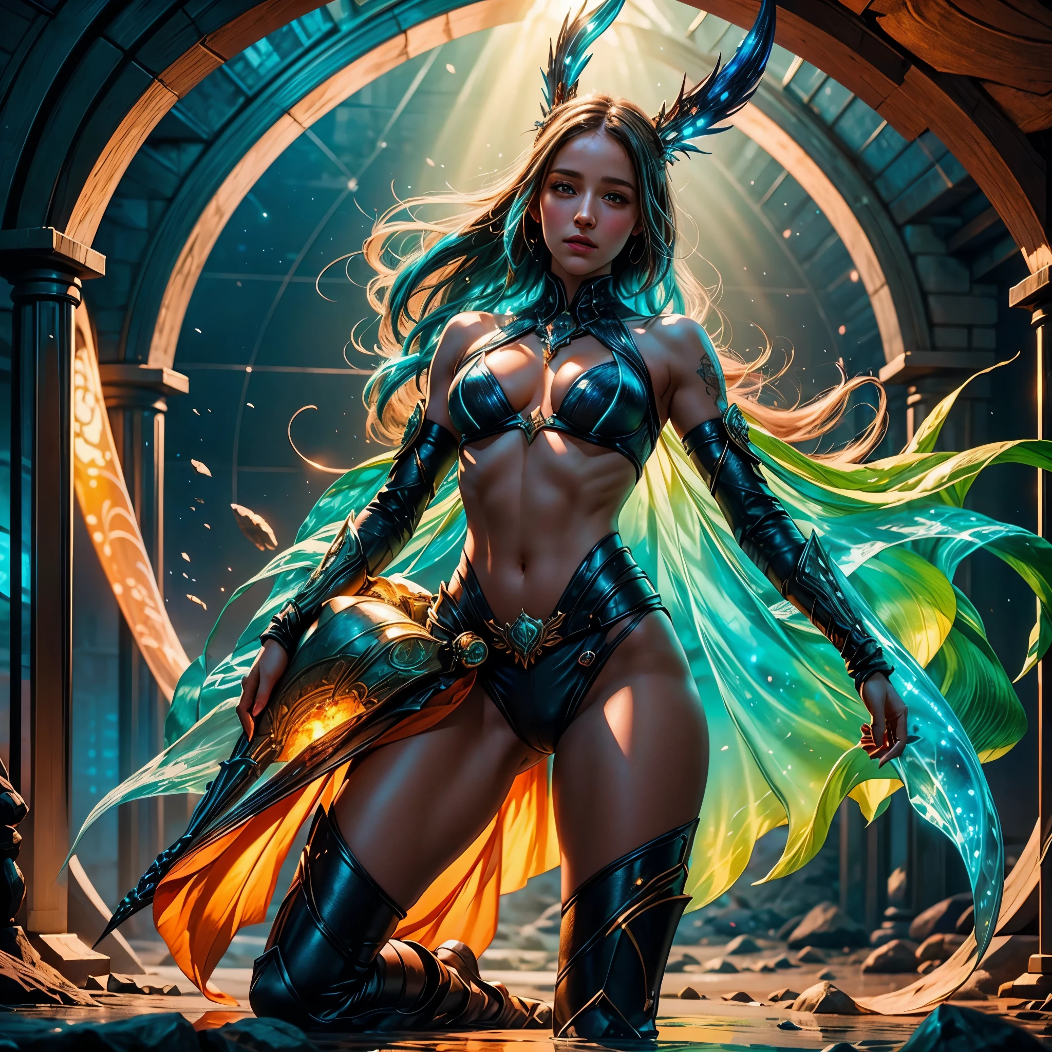 curiosity birth evolution stars Nebulae stunning hues ethereal interstellar sparks Sun hyper starry_sky spacious SunShine panoramic sunset ultra sunrise ((dynamic Cinematic sunlight, hyper Best quality, master Masterpiece :1.3)) epic Gorgeous (Emily Rudd:Alicia Vikander) A close up of an supernaturally beautiful and enchanting Atlantean Barbarian War Goddess with a legendary magical spear and angrily shouting in fury. She is skinny dipping in shallow waves in a dark underground sea cave lit only with oceanic ❤bioluminescence❤ that washes over her perfect, irresistible body. Glowing magical golden minimalistic anime-style female battle armor. Her tan skin shimmers with scales. She is athletic, slender, fit, toned, lean, and very muscular with a thin waist and slim hips. She has deeply tanned skin and flowing, rous hair. Her large, vibrant, glowing turquoise Asian eyes lock intensely onto the viewer with a predatory, otherworldly allure. She has intricate aquatic-inspired tattoos across her body. Her face has painted designs. Swirling shadows deep path Equirectangular_360 street UnrealEngine5 Ultra Masterpiece Cinematic_sunlight ultra Pro_Photo-realistic optimal ultra_high-quality opengl-shaders ultra_high-details accurate reflex ultra_high-resolution perfection volumetric lightning improved Octane_rendues ultra_high-definition UHD XT3 DSLR HDR 3dcg analues extatiques symmetrical dazzling Will-o'-the-wisp global luminescence plasma hearth incandescente reflection varied multi etc. --v6 --s1000 --c20 --q5 --chaos100