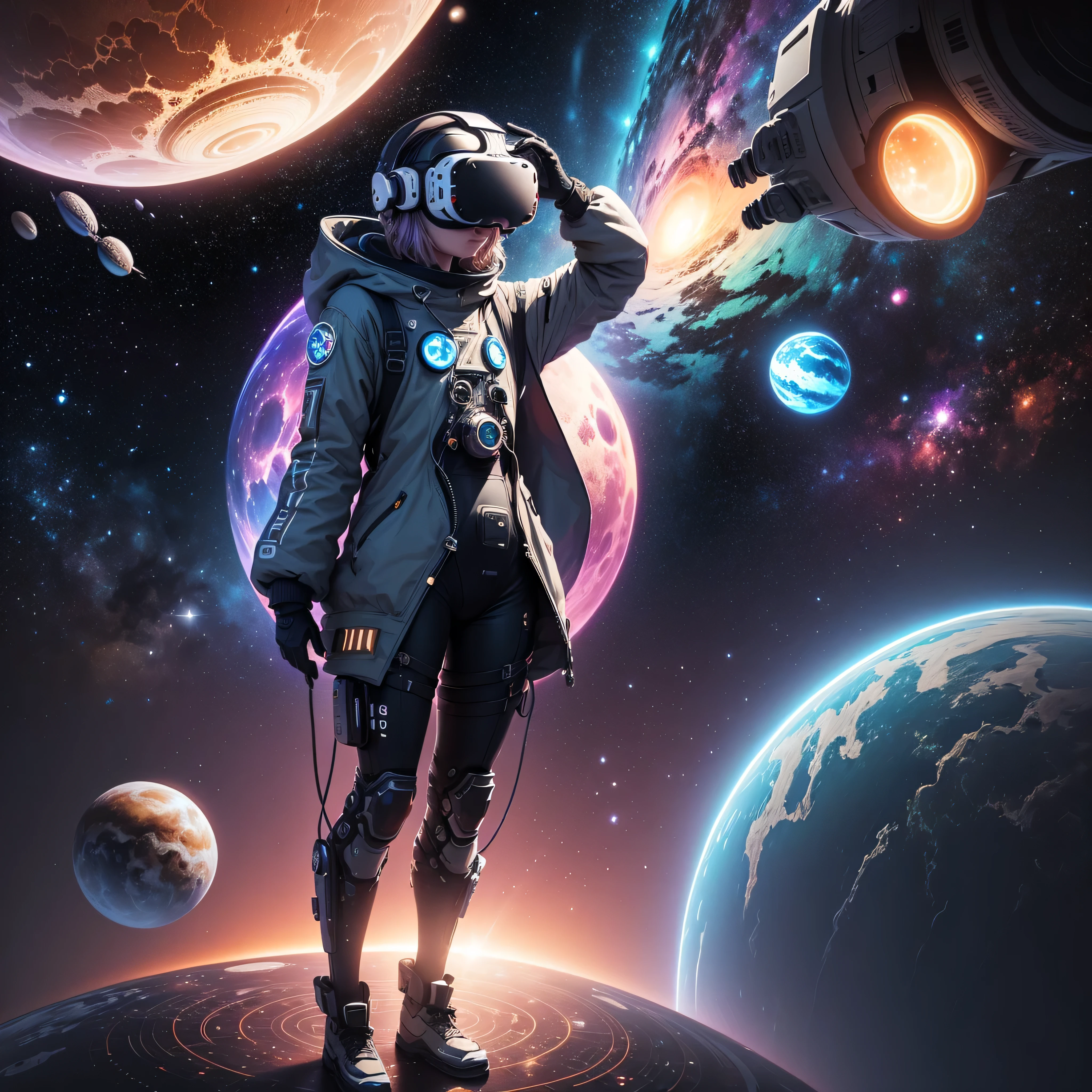 Snthwve Nvinkpunk style centered illustration, (Humanoide de cuerpo completo centrado flotando en el espacio usando gafas VR ), centered in the middle of the composition , espacio de realidad virtual , galaxias de circuitos conectados mezclados con planetas , Virtual reality concept vector illustration. Illustration focused on space background of electronic circuits between stars and galaxies..