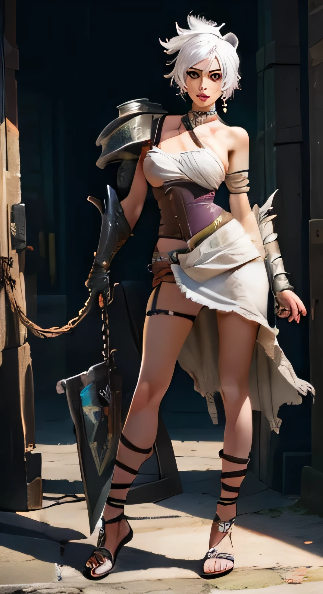 (Masterpiece:1.2), best quality, riven \(league of legends\), 1girl, folded ponytail, short dress, coreset, single pauldron, white hair, black eyeshadow, bare shoulders, full body, standing, sexy