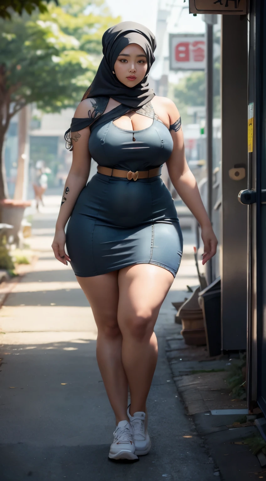((best quality)), ((masterpiece)), (detailed), perfect face, araffe woman in a dark-blue dress walking down a street, thicc, she has a jiggly fat round belly, bbwchan, wearing dress, skinny waist and thick hips, widest hips, her belly is fat and round, soft curvy shape, hyperrealistic full figure, wearing a cute dress , wide hips, cropped shoulders,Bare belly,(big assa:0.7),show legs,, thicc, beautiful thick female, beautiful curvy female,, Tall and tall,clear curvy details, curvy hourglass figure, alluring plus sized model, bbwchan, Voluptious body, Curvy model, Curvy body, Be red in the face, 1girll, a matural female, A MILF, the golden ratio,(Kpop idol),(Oil skin:0.72),(Oil skin:1.1), iremuzi tattoos on thighs, big tattoo on thighs, japanese goddess , korean Goddess , milky white skin, wearing hijab clothes, wearing sneakers