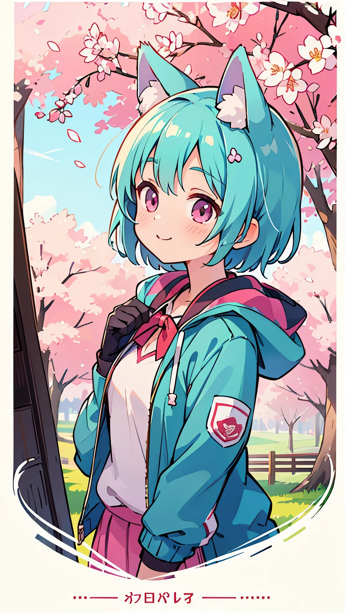 (highest quality、Extra fine、real)、Genki Girl、anime high school girl、small breasts、riders jacket、light blue hair、dog ears、pink eyes、look outside the screen、From the side、gloves、bright smile、stand in front of a cherry tree、upper body close-up、cherry blossom park、sharp outline