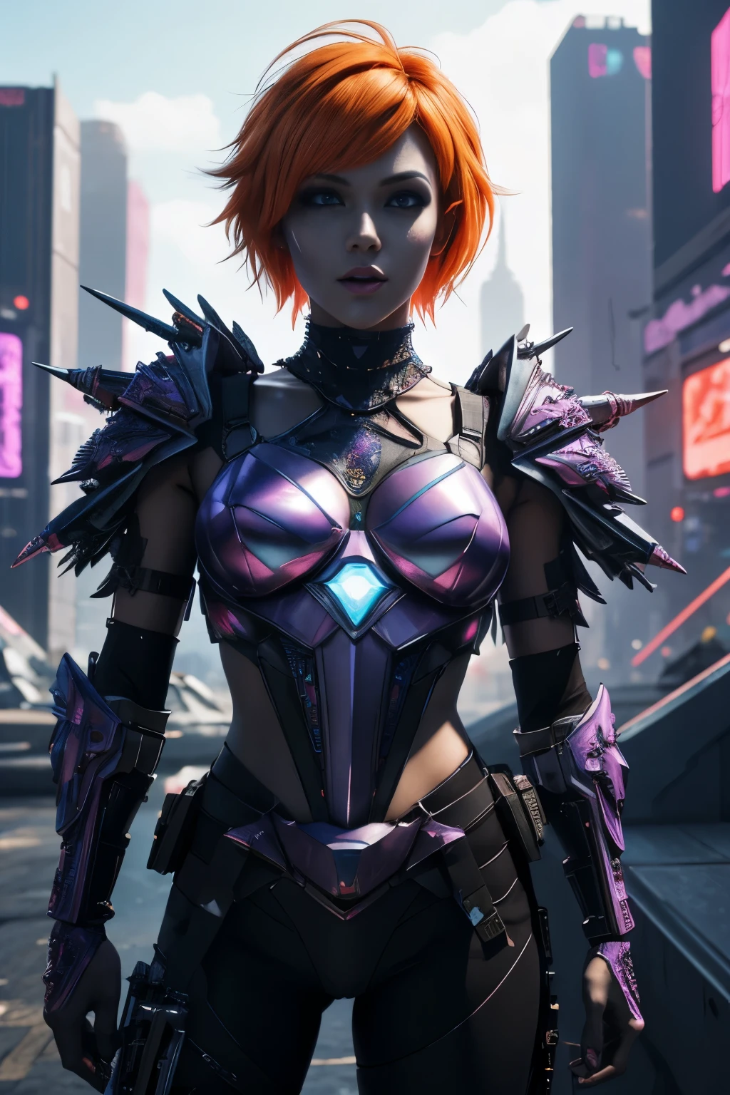 Beautiful princess, cyberpunk, dressed in armor, wielding medium-sized sword, short orange hair, hyper realistic, well-detailed face, vivid colors, dramatic colors, vaporwave, retrowave, colorful, artochrome, extremely detailed, 4k