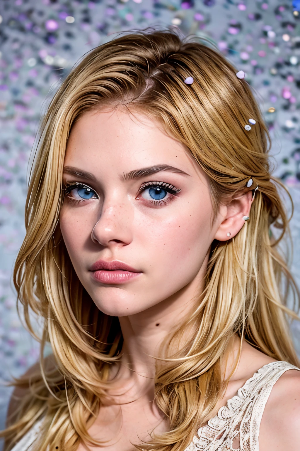 ((rosto de AlexiaThompson01R))close-up on the face. White background. beautiful. perfect, blonde hair, blue eyes. closed look. (location: white wall, white background) white sleeveless t-shirt. serious face, sad expression. hate in the eyes. vibrant blue eye. loose hair. hair falling over one eye. pink lips. perfect, white skin. thin nose, thin chin.
