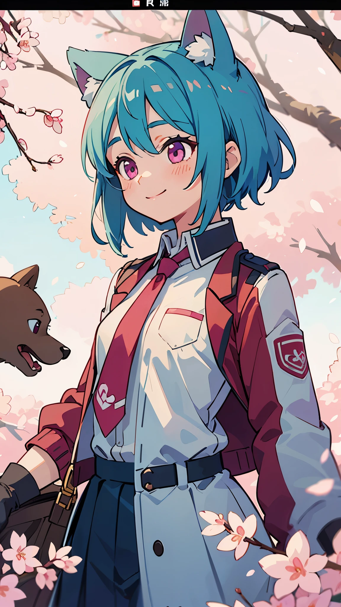 (highest quality、Extra fine、real)、Genki Girl、anime high school girl、small breasts、riders jacket、light blue hair、dog ears、pink eyes、look outside the screen、From the side、gloves、bright smile、stand in front of a cherry tree、upper body close-up、cherry blossom park、sharp outline