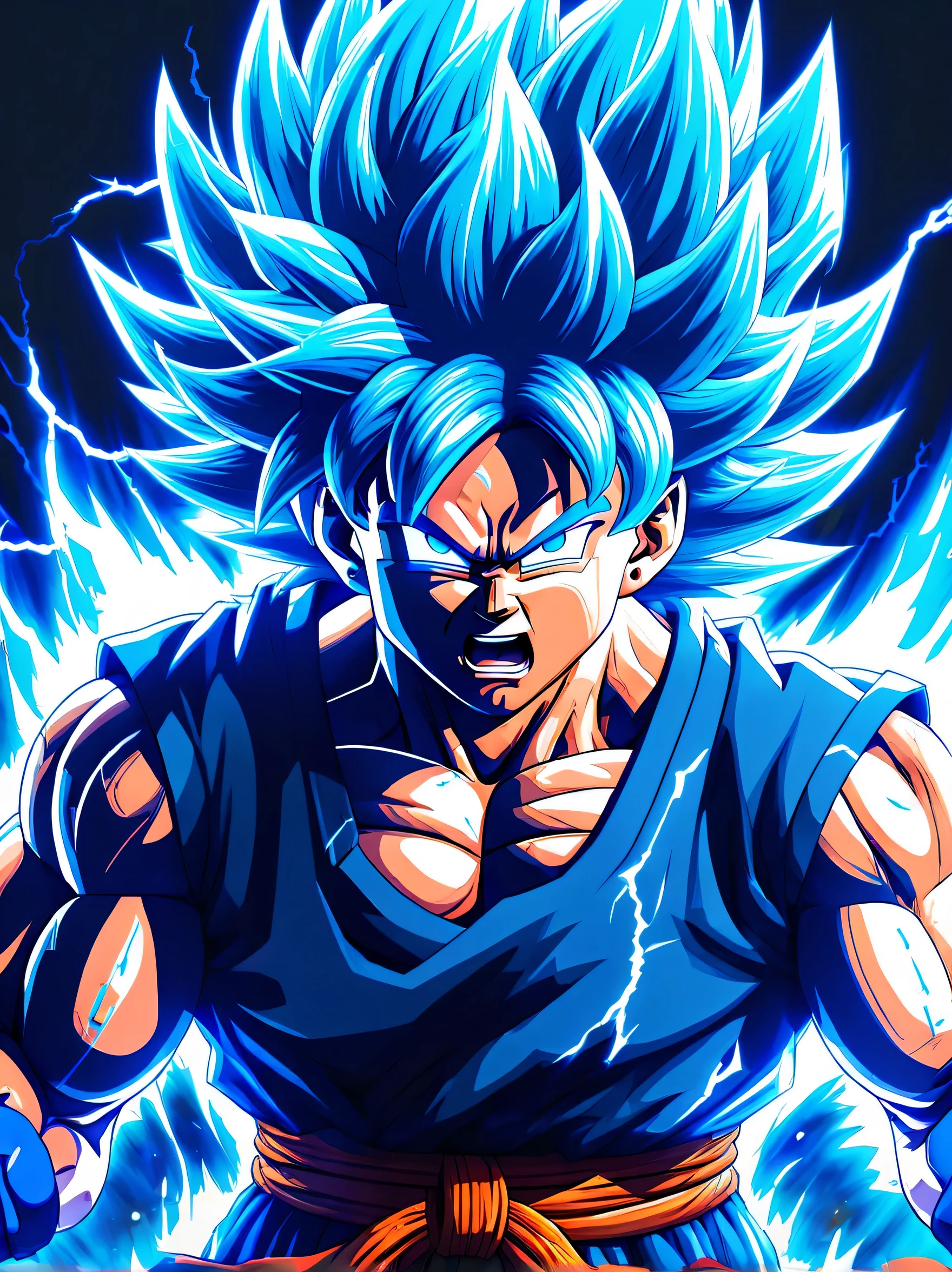 "Testemunhe o poder eletrizante de Goku enquanto ele libera sua forma Super Saiyan Blue Kaioken, seu cabelo brilhando em um azul brilhante e seu corpo cercado por uma aura pulsante de ki. Rendered in Akira Toriyama&#39;s iconic style, This illustration captures the essence of the legendary warrior."