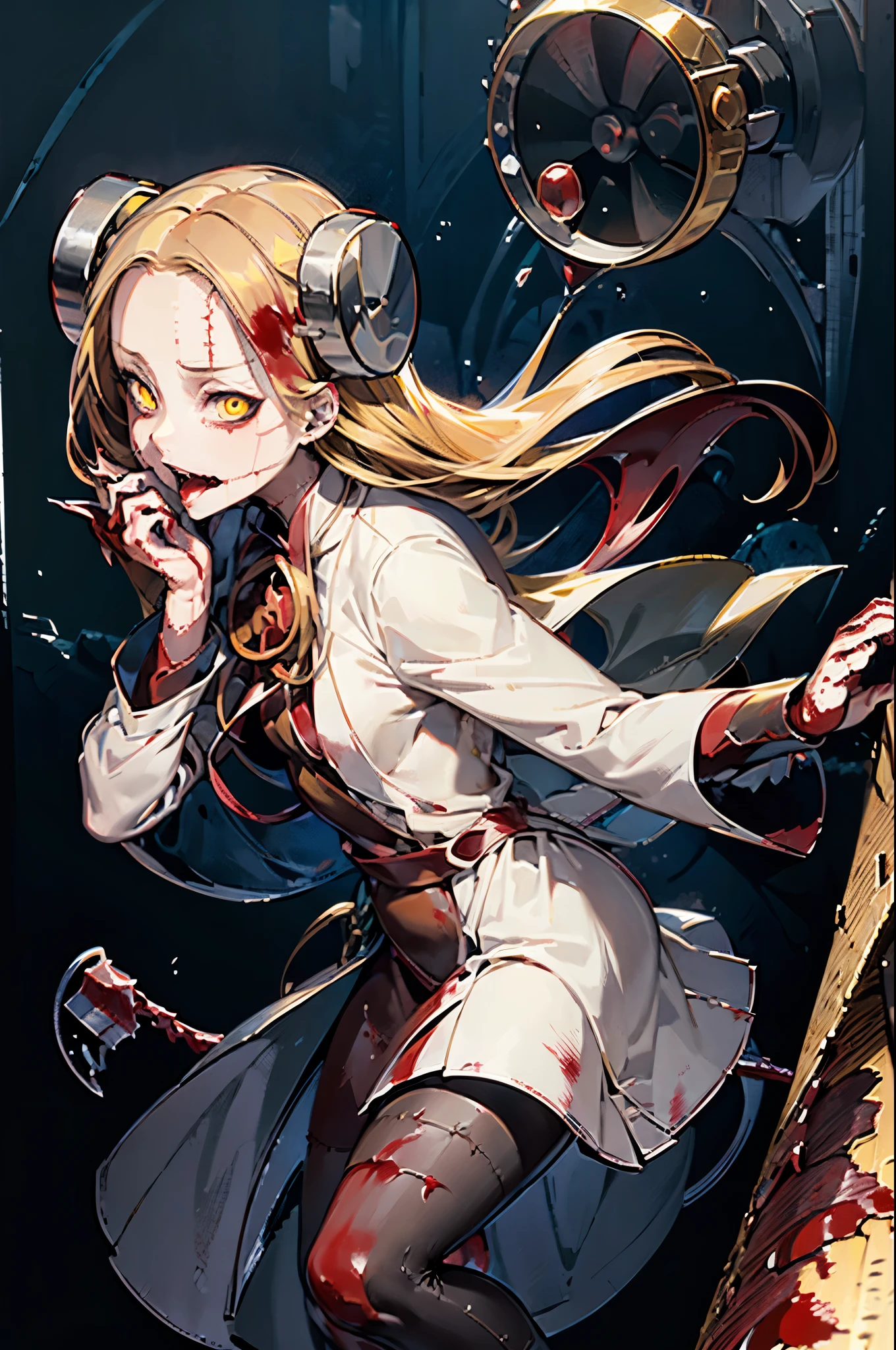 Madaraki_Fran,Young woman ,(Screams),hand in front ,White robe ,a lot of blood,((BLOODY STRIKE)), long hair ,Blood magic , conjures , blood , yellow hair,stitches on the face , Scars on the body ,blood stains on clothes , blood spatter , face covered in blood , hair in blood,(((VILLAIN))) , a lot of blood , blood on my hand , ultraviolence
