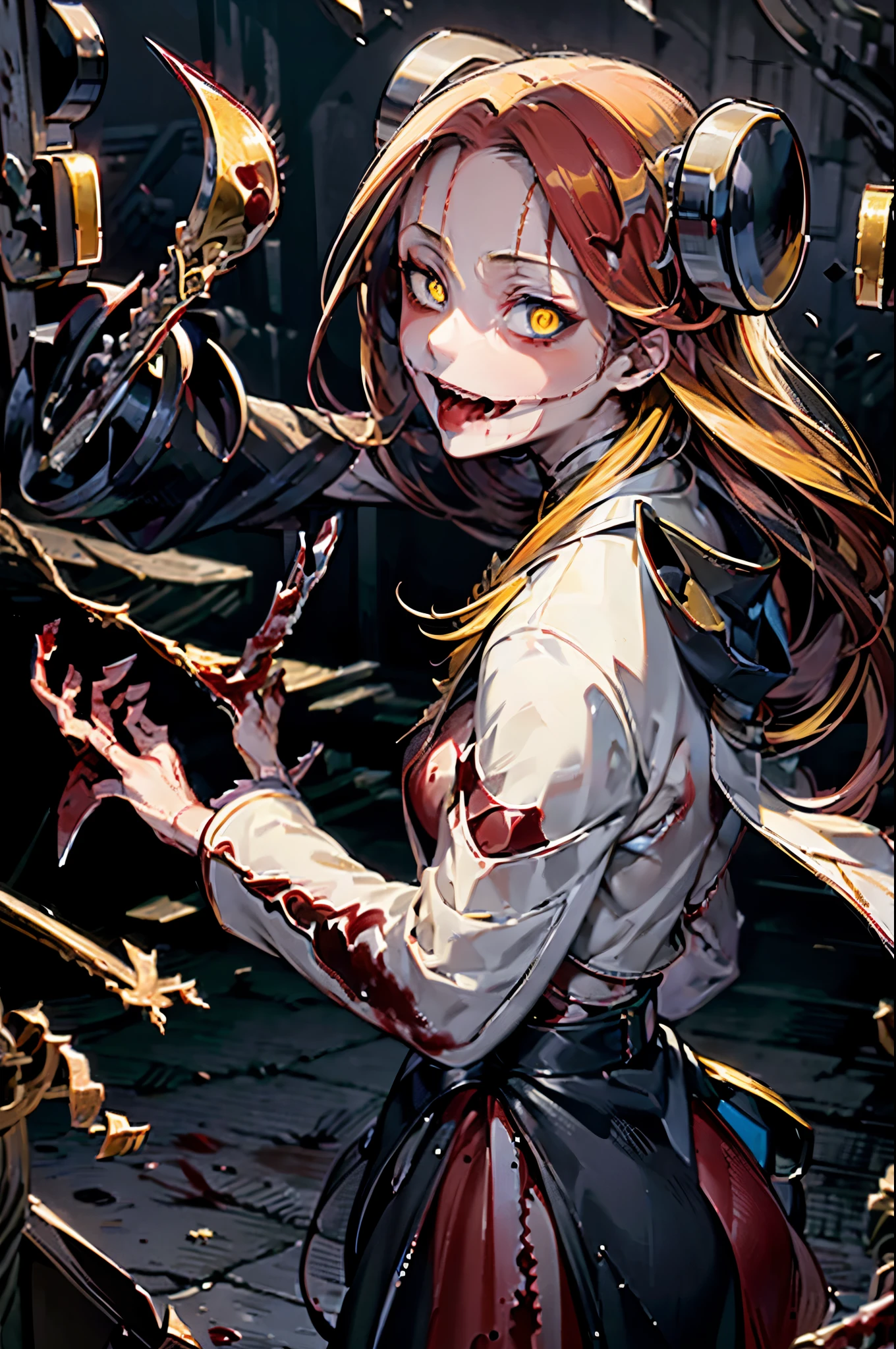 Madaraki_Fran,Young woman ,(Screams),hand in front ,White robe ,a lot of blood,((BLOODY STRIKE)), long hair ,Blood magic , conjures , blood , yellow hair,stitches on the face , Scars on the body ,blood stains on clothes , blood spatter , face covered in blood , hair in blood,(((VILLAIN))) , a lot of blood , blood on my hand , ultraviolence
