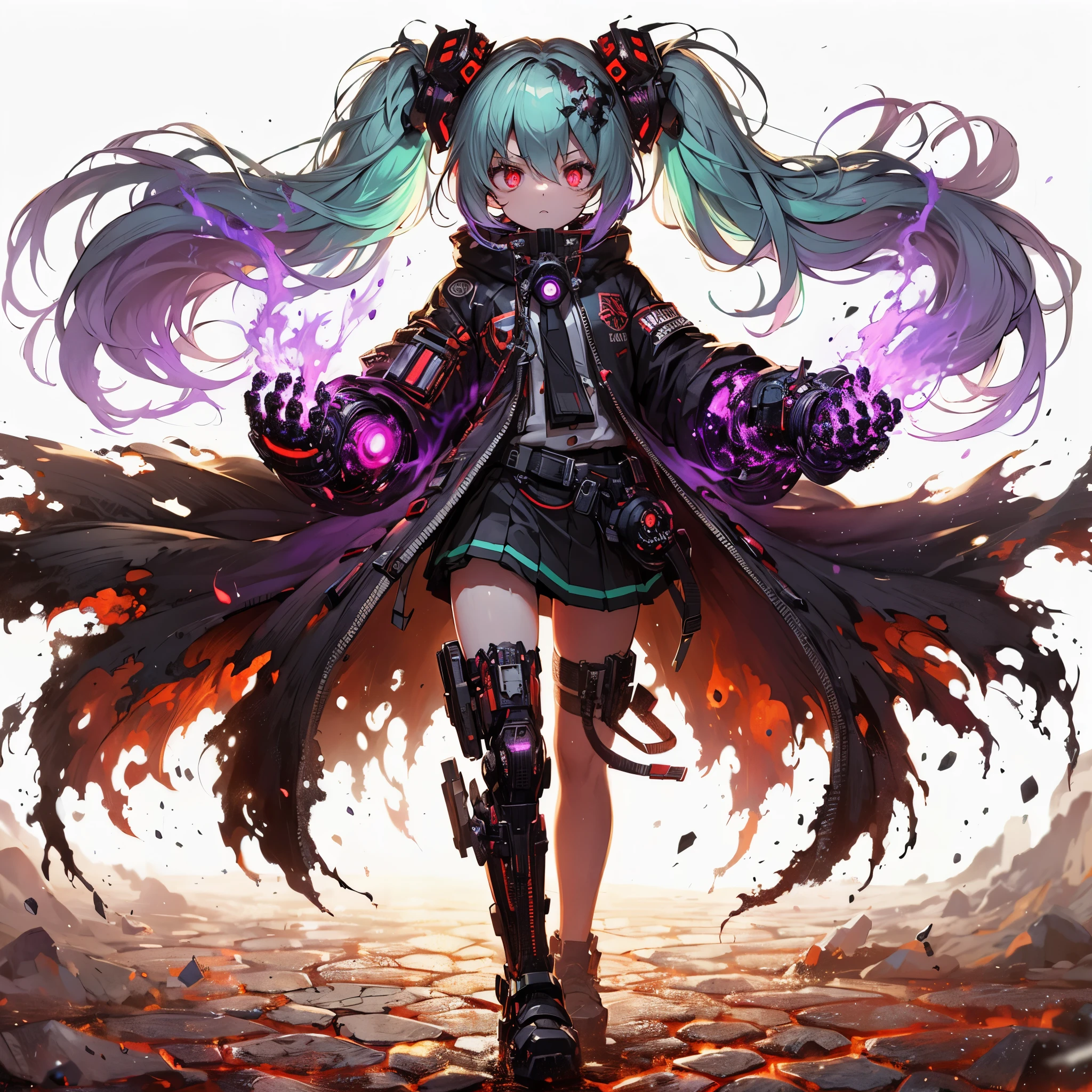 (masterpiece, Best Quality), (Perfect athlete body:1.2), (detailed hairs), Ultra-detailed, Anime style, Full body, cyberpunk Egge runner girl, burnt black mechanical limb, ((fists of black-purple flame)), Sea green two topknot hairstyle with red eyes, wearing raged cape and cyberpunk outfit. standing in burned earth, 8k high resolution, white background, whole-body, full-length view,