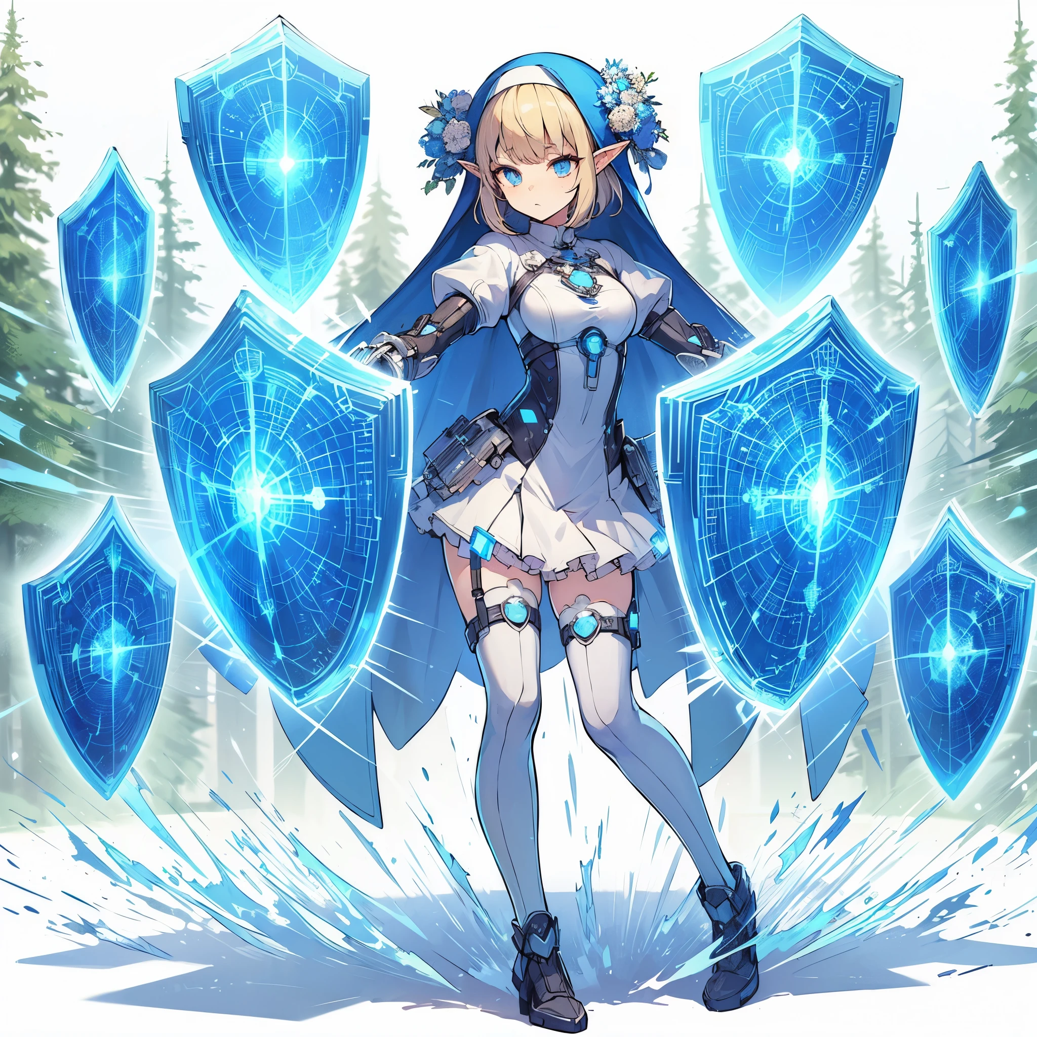 (Masterpiece, top quality), (perfect athlete body: 1.2), (detailed hair), super detailed, anime style, full body, solo, cute Cyberpunk elf holy knight girl, wearing blue nun's habit, blond hair and blue eyes, deploying many force field shields of light, shield maiden, short, divine light, wearing hi-tech boots, standing forest, white background, full body,