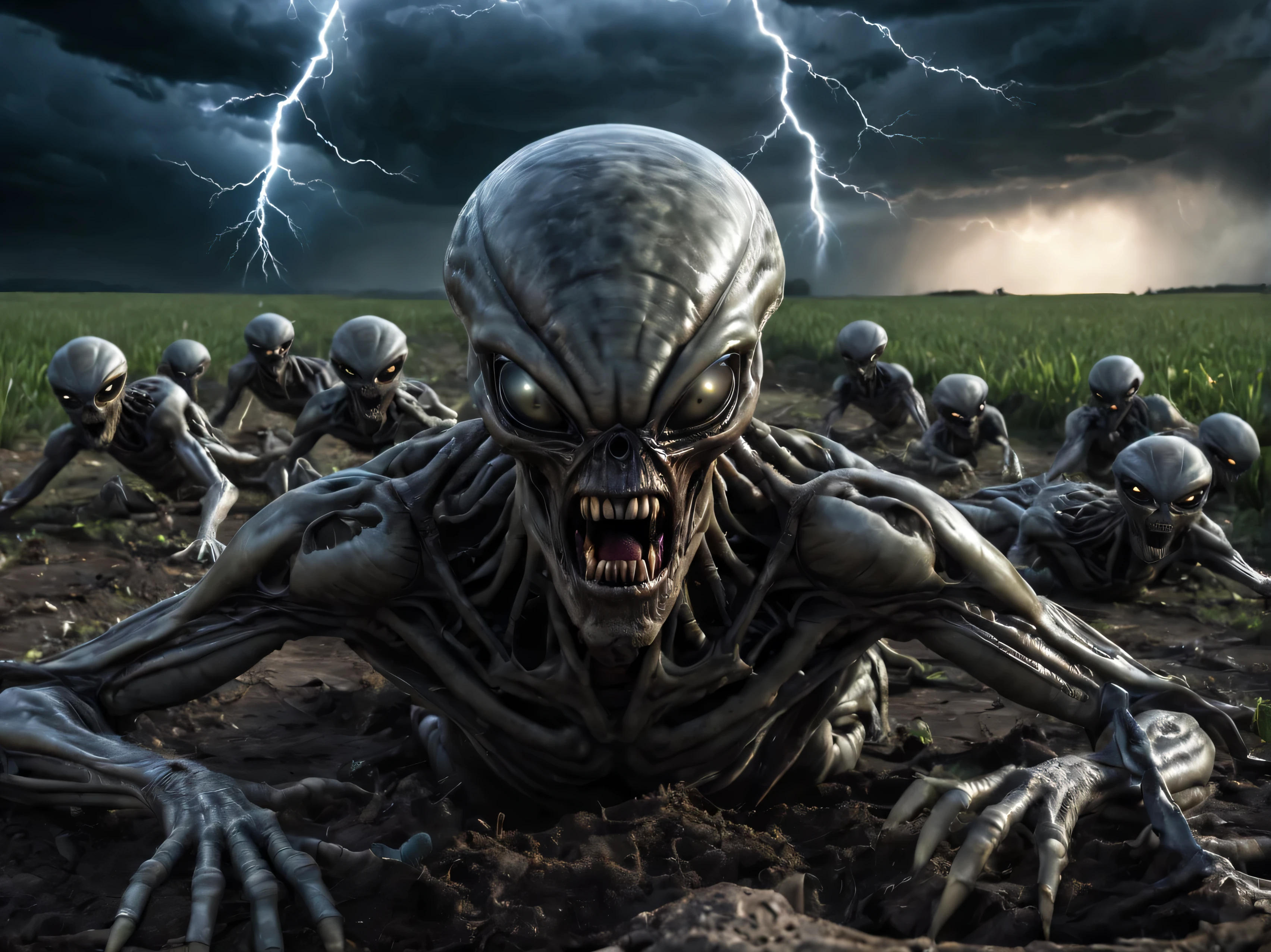 grey aliens crawl out of a crashed ufo, the aliens are infected with artificial intelligence, the aliens are like zombies, it is nighttime in a field with lightning in the sky, the alien-zombies are crawling menacingly toward the viewer, photorealistic detailed highres high saturation, scary creepy
