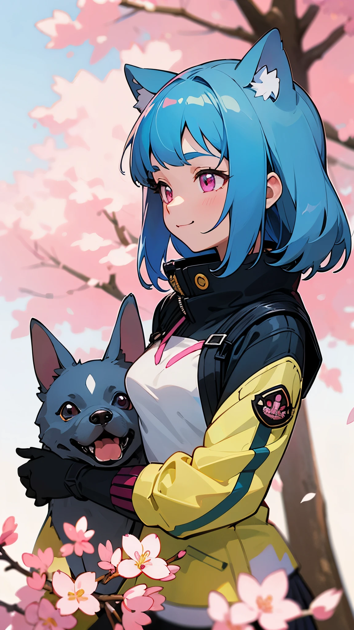 (highest quality、Extra fine、real)、Genki Girl、anime high school girl、small breasts、riders jacket、light blue hair、dog ears、pink eyes、From the side、gloves、bright smile、stand in front of a cherry tree、upper body close-up、cherry blossom park、sharp outline