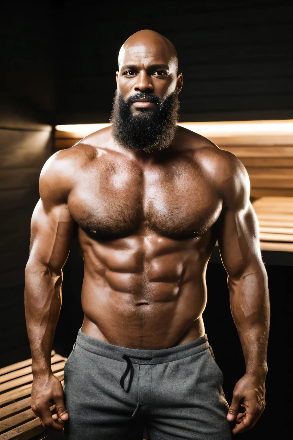 un calvo, hombre de barba negra, 40 years old, muscular, alto, masculino, elegante, atractivo, desnudo, Sin ropa, sauna. (Mejor calidad,4k,8K,high resolution,Obra maestra:1.2), ultra detallado, (Realista,photoRealista,photo-Realista:1.37), HDR, HD, studio lighting, extreme detailed description, profesional, vivid colors, bokeh, retratos, paisaje, elegancia, masculino charm, paleta de colores grises, soft lighting.