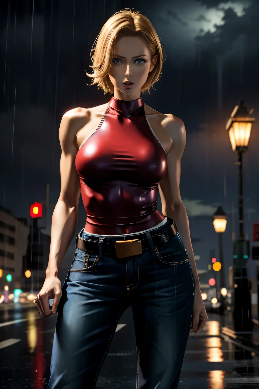 maryms,Best Quality,(beauty),masterpiece, 1girl,phisically-based render ,ultra highres,narrow waist, skinny,big eyes,long legs,(small breasts),puffy eyes, night,(rainy city), shiny skin, facing viewer, fighting stance, (make a fist),firm expression,
