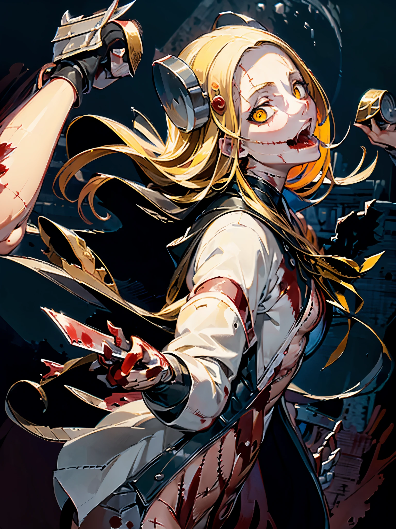 Madaraki_Fran,Young woman ,(Screams),hand in front ,White robe ,a lot of blood,((BLOODY STRIKE)), long hair ,Blood magic , conjures , blood , yellow hair,stitches on the face , Scars on the body ,blood stains on clothes , blood spatter , face covered in blood , hair in blood,(((VILLAIN))) , a lot of blood , blood on my hand , ultraviolence
