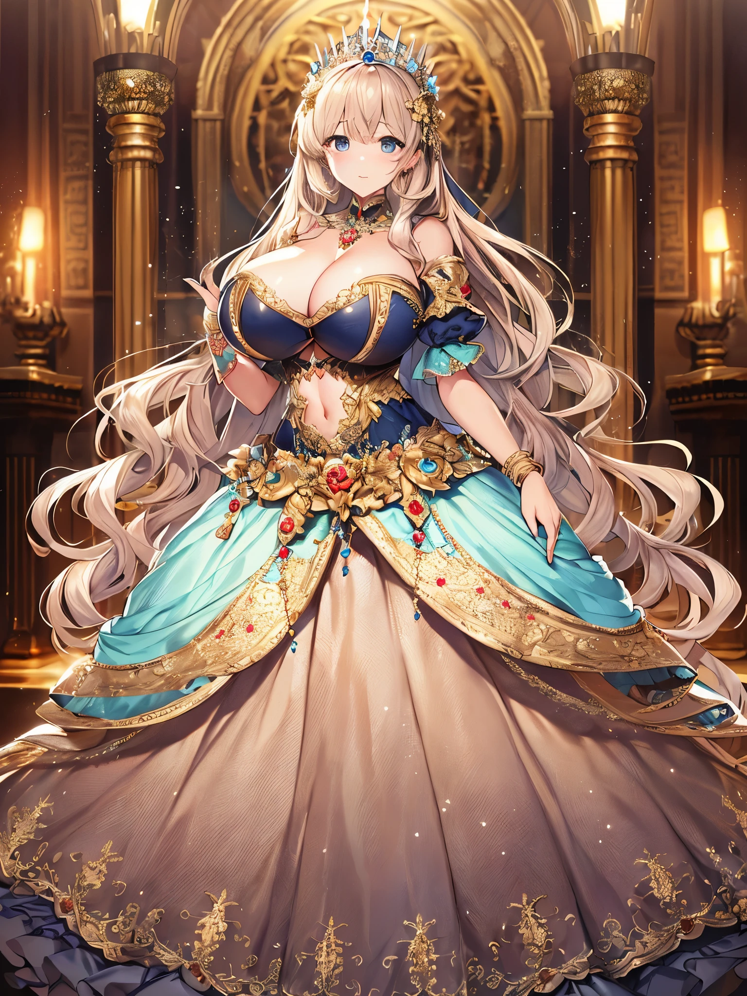 anime artstyle,Masterpiece,Best Quality,Super Detail,((Very Delicate and Beautiful)),(((full body))),((indoor,standing in luxurious palace)),(((1 princess in beautiful embroidery and jeweled gorgeous rococo ballgown with voluminous hoop skirt))),((Solo)),((((very gigantic tits)))),((cleavage,gigantic tits,cleavage,sagging tits)),skindentation,((detailed face and eyes)),jewel-like eyes,((extremely voluminous straight Hair,Extremely Long Straight Hair)),((gorgeousfull embroidery and lace,beautiful embroidery and jeweled)),Gorgeous Gemstone Jewelry,gorgeous corsage,((gorgeous hair ornament,glitter jeweled gorgeous big tiara)),((full body)),((beautiful embroidery and jeweled gorgeous rococo ballgown with voluminous hoop skirt)),(crinoline),Looking at viewer,dynamic angle,(((beautiful embroidery and jeweled gorgeous rococo ballgown with voluminous hoop skirt))),(full body)