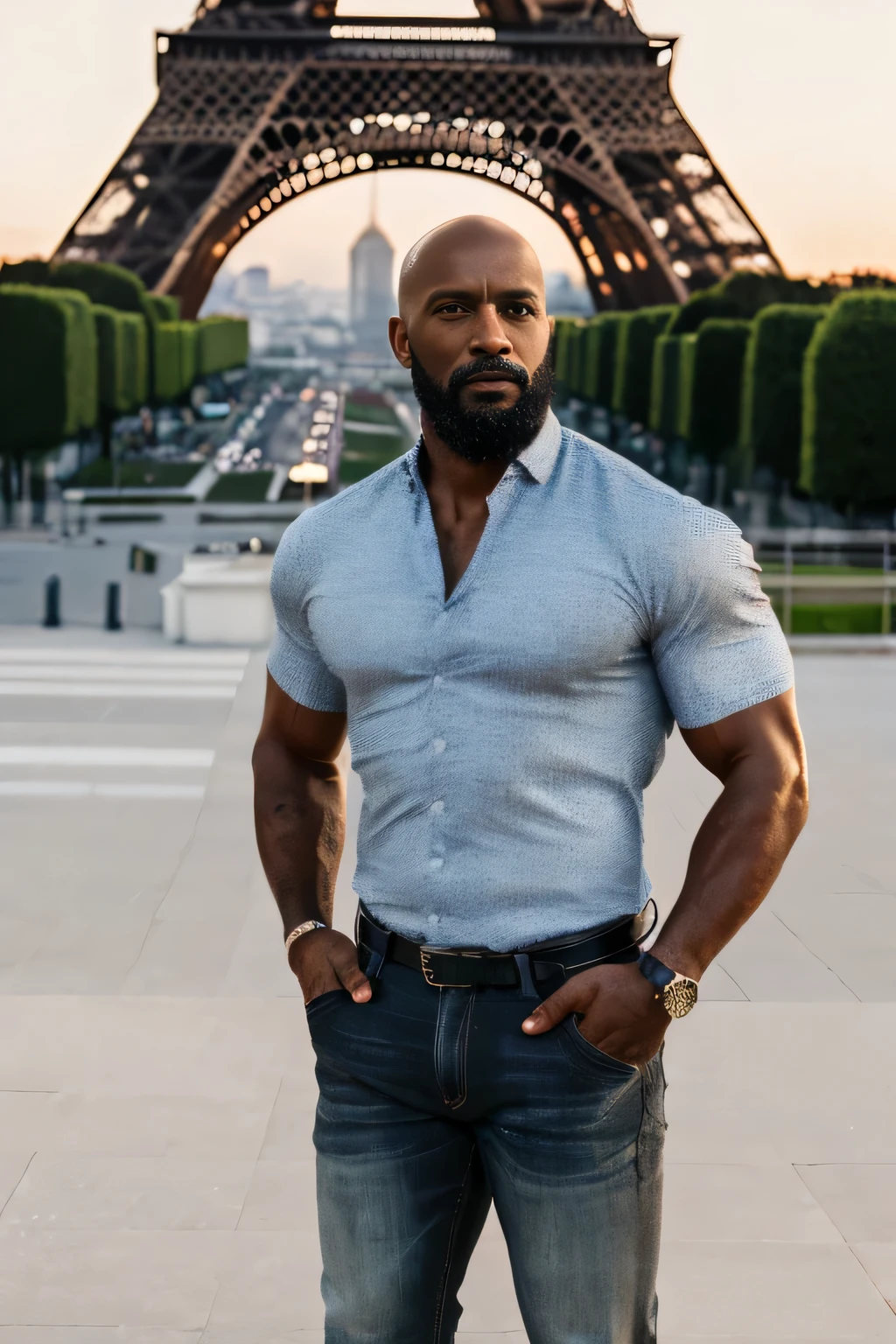 un calvo, hombre de barba negra, 40 years old, muscular, elegante, vistiendo una camisa y jeans, alto, masculino, elegante, atractivo, con la torre eiffel. (Mejor calidad,4k,8K,high resolution,Obra maestra:1.2), ultra detallado, (Realista,photoRealista,photo-Realista:1.37), HDR, HD, studio lighting, extreme detailed description, profesional, vivid colors, bokeh, retratos, paisaje, elegancia, masculino charm, paleta de colores grises, soft lighting.