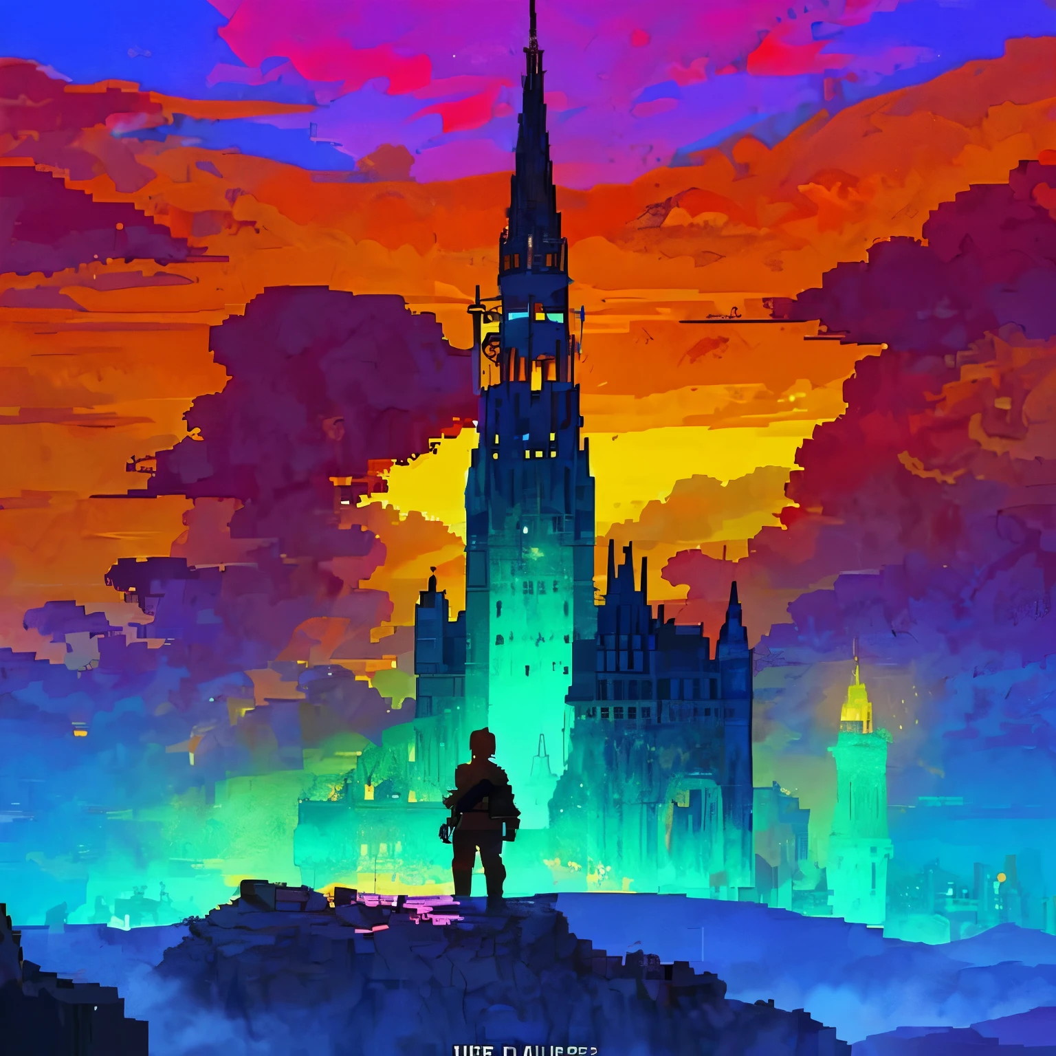 Create an initial game screen, write "Acilares" at the top of the image, with the silhouette of a soldier standing out looking at the horizon, sword and shield in hand, short hair, very dark silhouette, An island with a huge tower shrouded in fog , sunset, warm color palette, detailed 2d pixel image