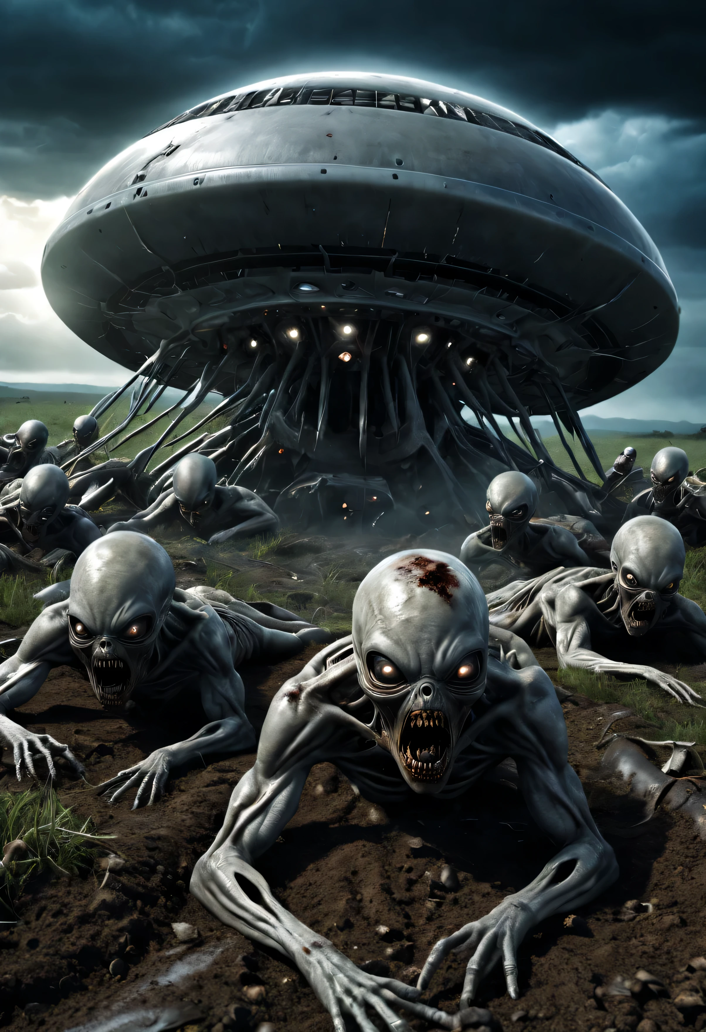 grey aliens crawl out of a crashed ufo, the aliens are infected with artificial intelligence, the aliens are like zombies, it is nighttime in a field with lightning in the sky, the alien-zombies are crawling menacingly toward the viewer, photorealistic detailed highres high saturation, scary creepy