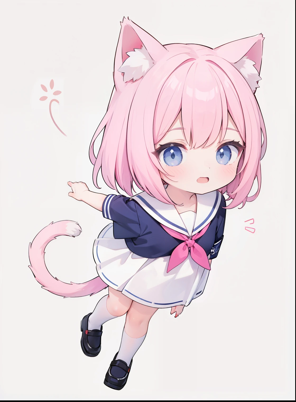 1 girl, Cat ears, cat tail, Sailor suit, ，positive face，full-body shot，stand，pink hair，simple background