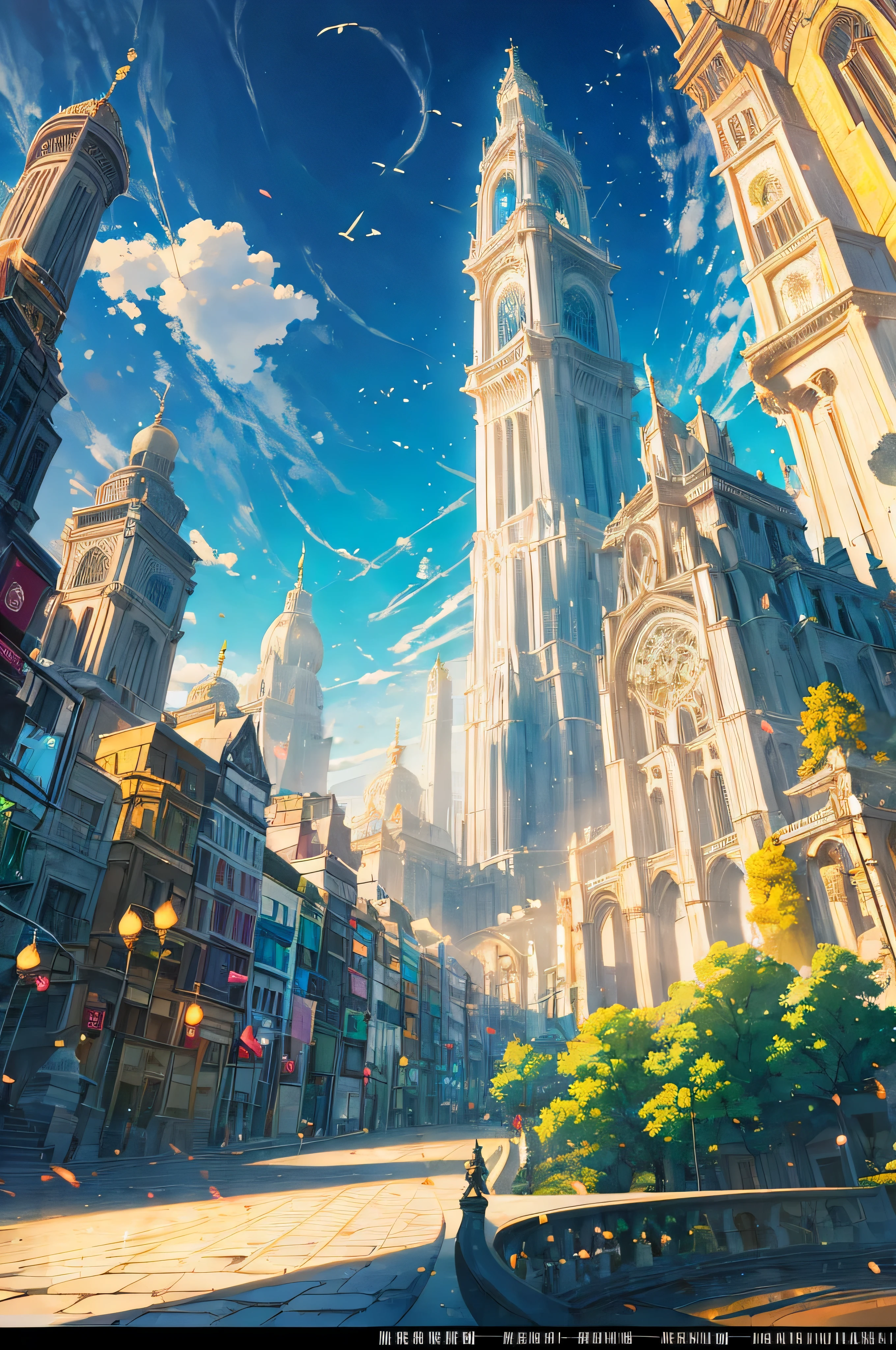 panoramic view, Blue sky, Pleasant climate, birds flying over the image, cidade torre, Cidade medieval, cidade redonda e murada, grandes muros protegem a cidade, (((torre gigante em seu centro))), ((torre celestial e alta com seu tomo batendo nas nuvens)), divided between several districts, um imenso campo campo verde em volta da cidade, qualidade superior, CGI, obra de arte, cidade fantasiosa
