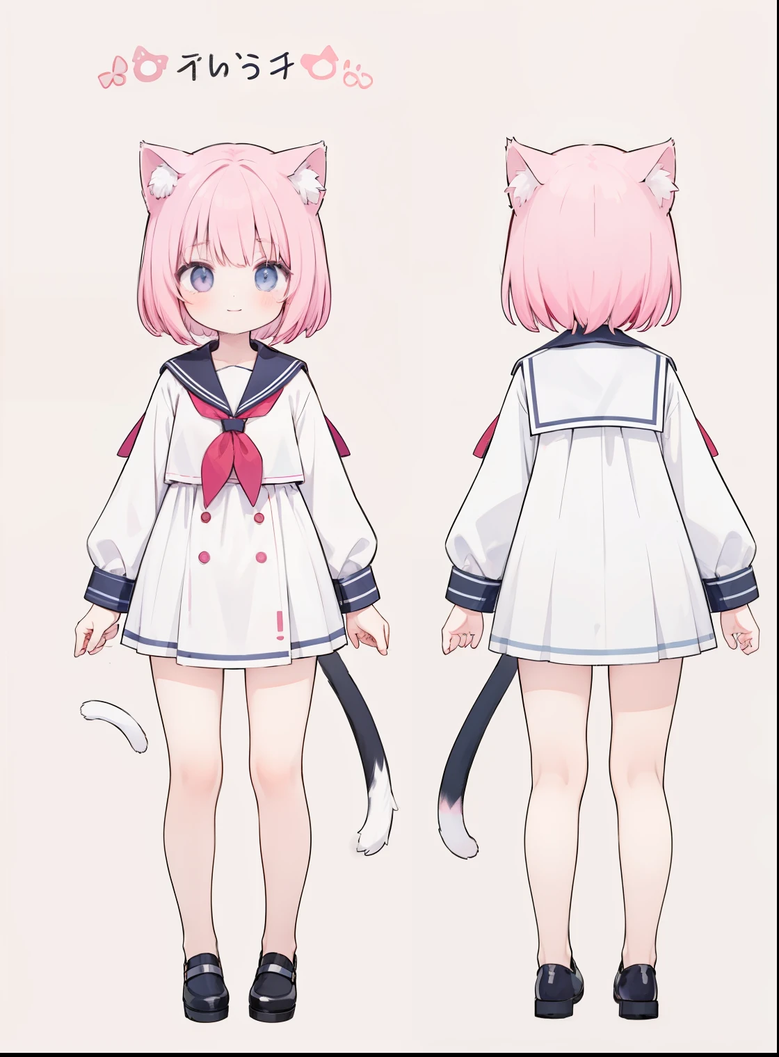 1 girl, Cat ears, cat tail, Sailor suit, ，positive face，Full body photo of the character，stand，pink hair，simple background，（back）（front）